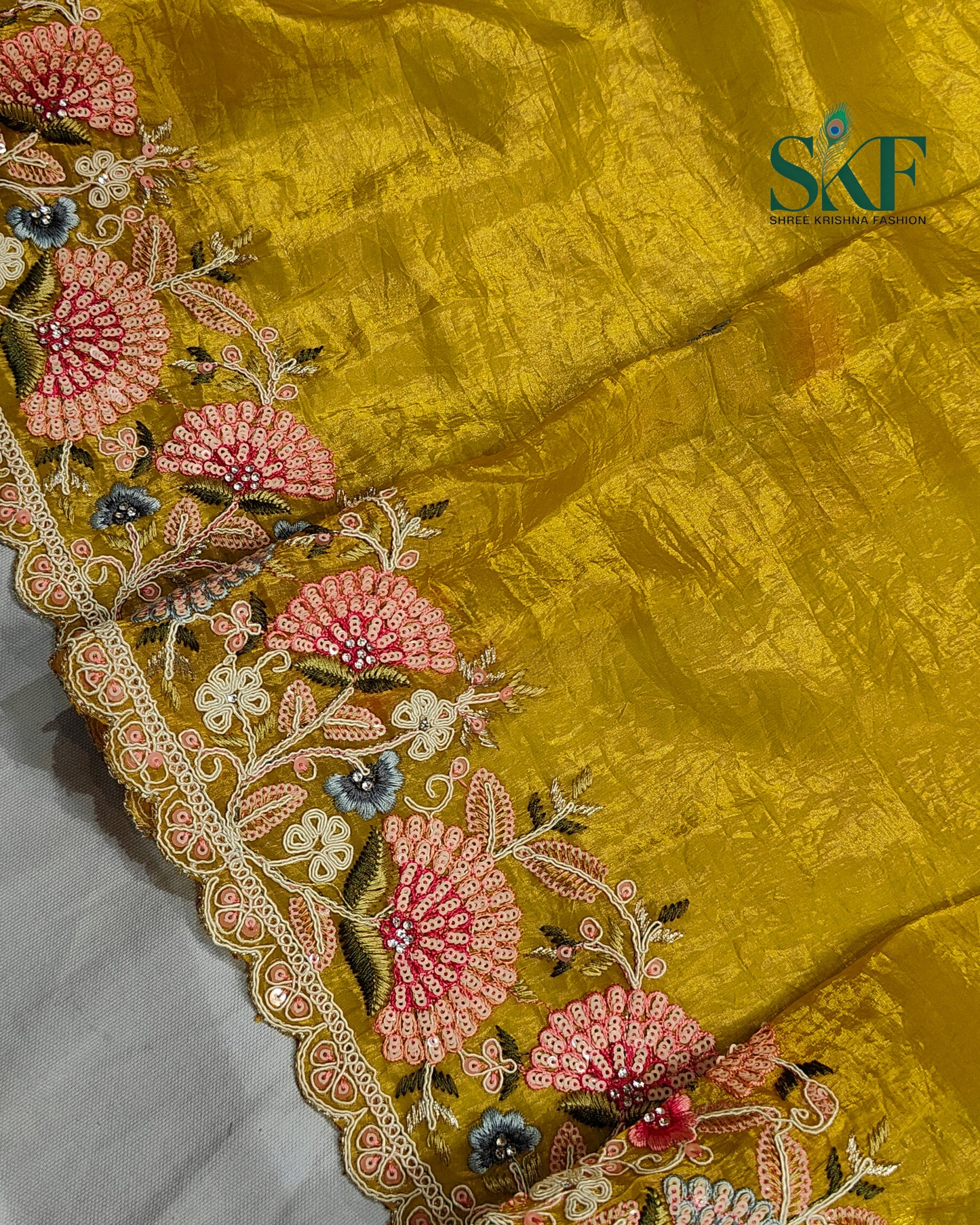CRUSH TISSUE SIPPI SEQUENCE EMBROIDERY WORK YELLOW SAREE BY SKFBHOLUBHAI
