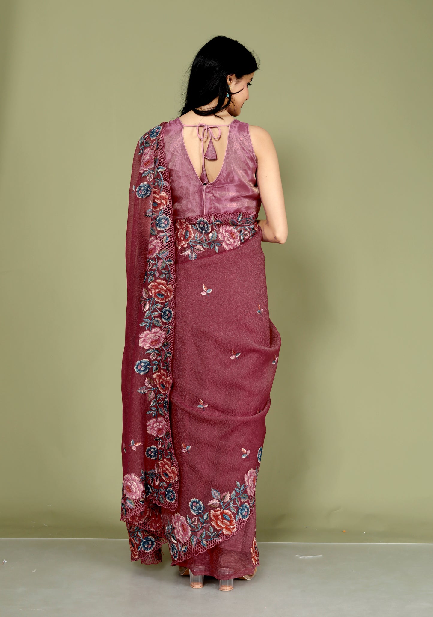 CRUSH CHINON MULTITHRED EMBROIDERY BORDER WORK RED RUST SAREE BY SKFBHOLUBHAI