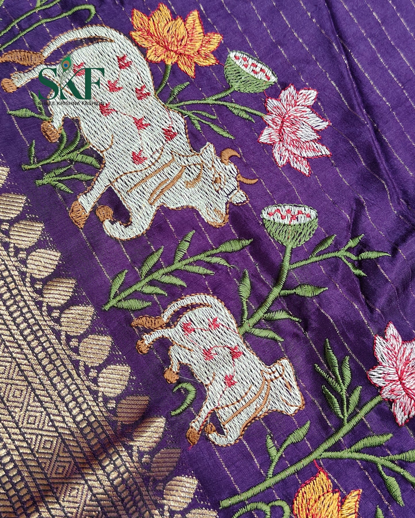 DOLA SILK MOTIF EMBROIDERY PANEL WEAVING BORDER WORK PURPLE SAREE BY SKFBHOLUBHAI
