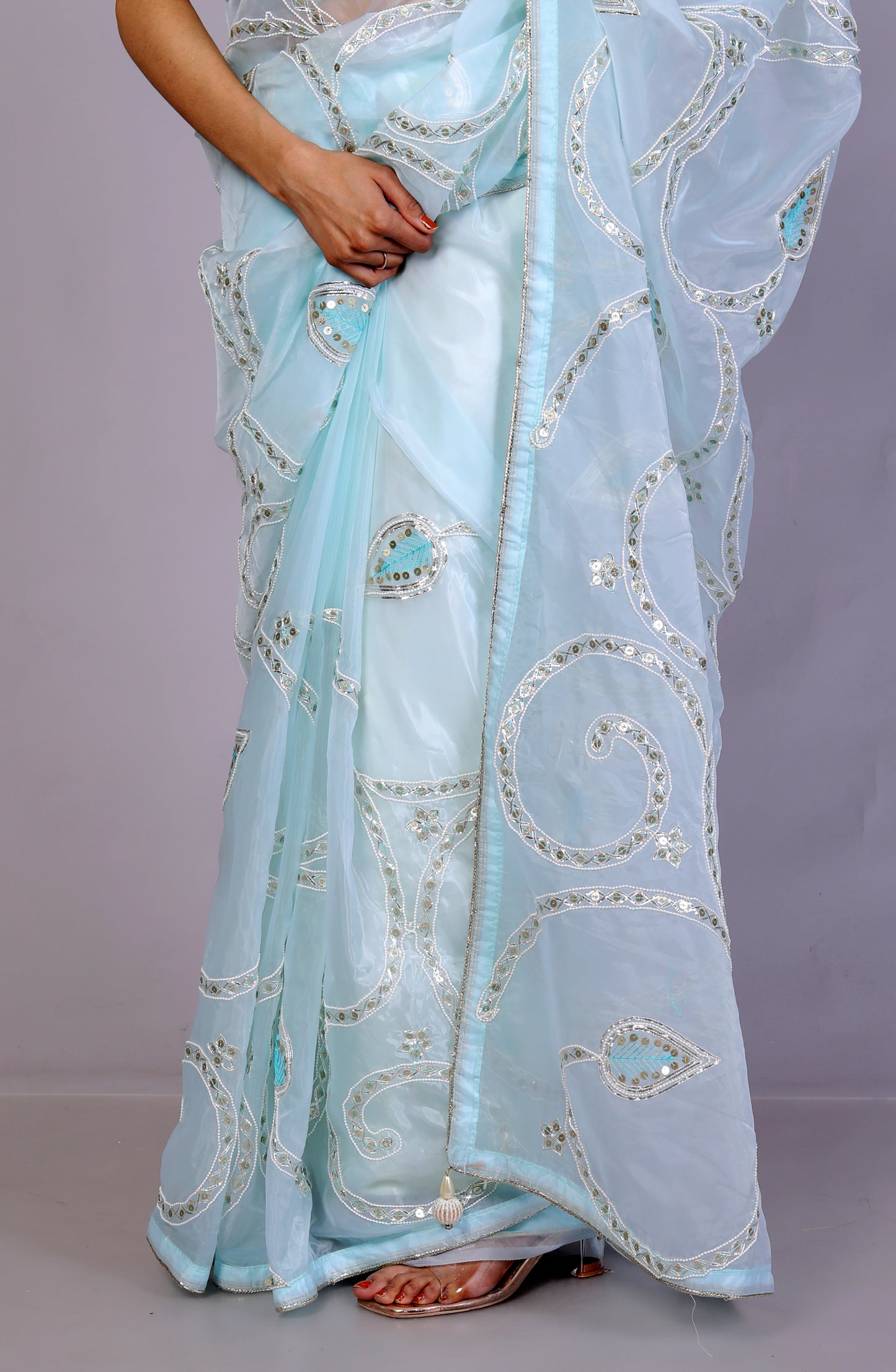 GLASS TISSUE KATCHA GOTTA SEQUENCE JAAL WORK SKY BLUE SAREE BY SKFBHOLUBHAI