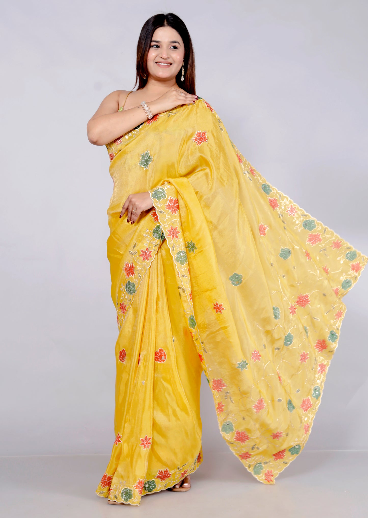 HO SILK HAND PAINTED ZARI OUTLINE VIBRANT YELLOW SAREE BY SKFBHOLUBHAI