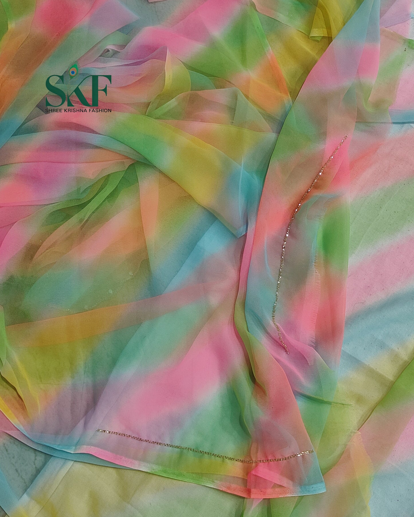 GEORGETTE 30×30 LEHRIYA KUNDAN HANDWORK MULTICOLOUR SAREE BY SKFBHOLUBHAI