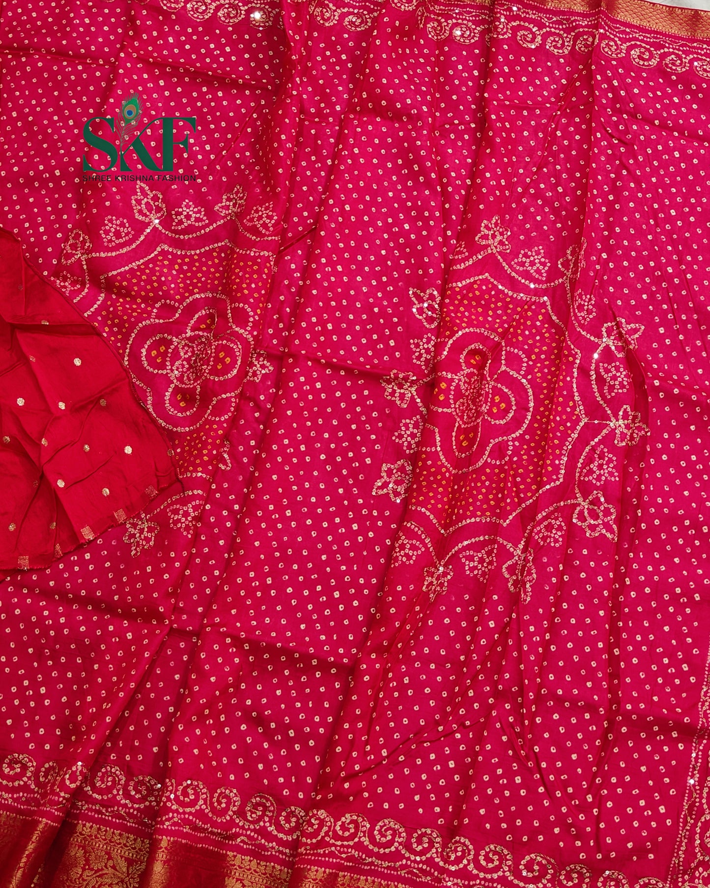 HO SILK BHANDHANI PEACOCK MOTIF AARI AND SEQUENCE WORK RANIPINK SAREE BY SKFBHOLUBHAI