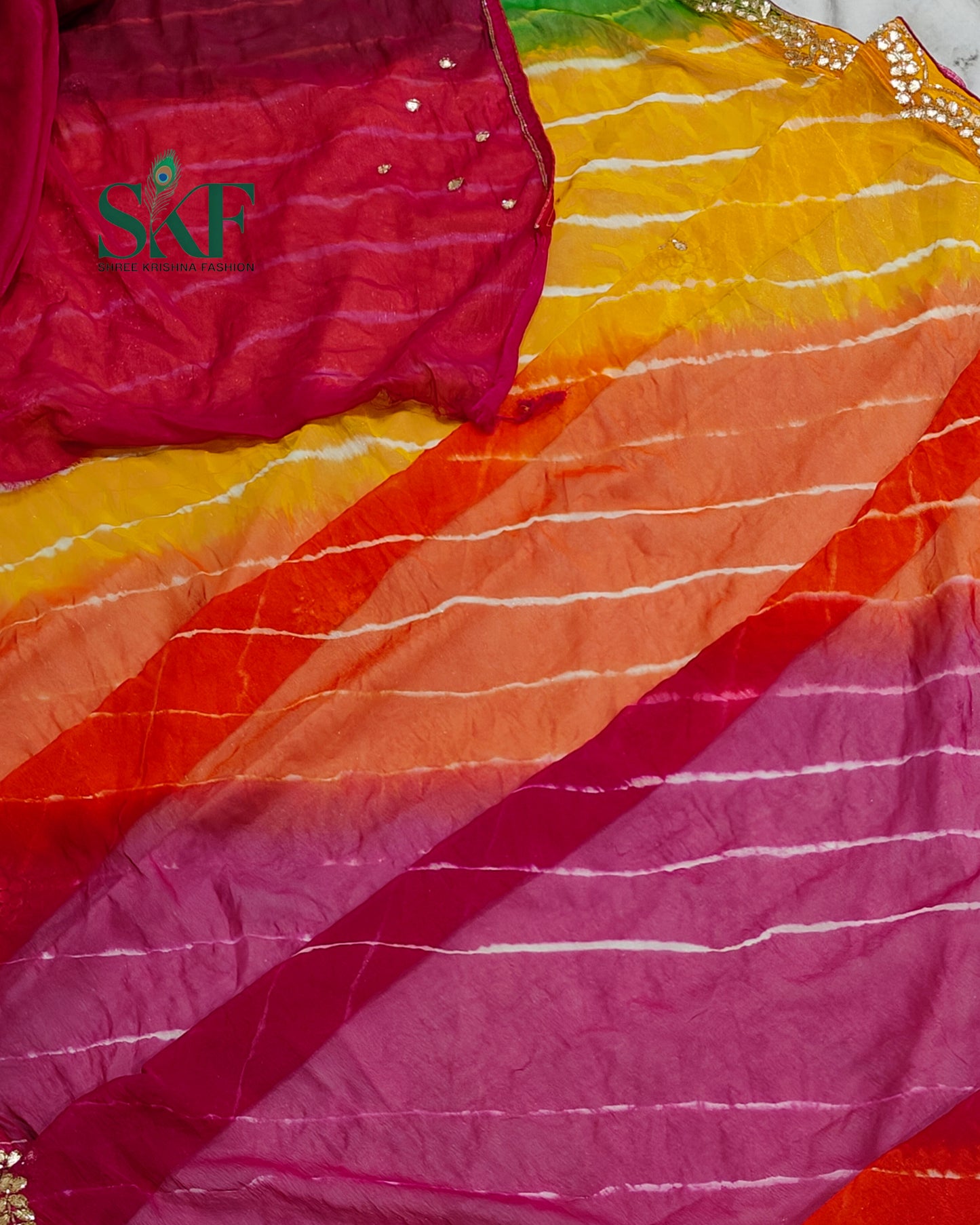 DIAMOND CHIFFON PACHRANGA LEHRIYA GOTTA HANDWORK SAREE BY SKFBHOLUBHAI