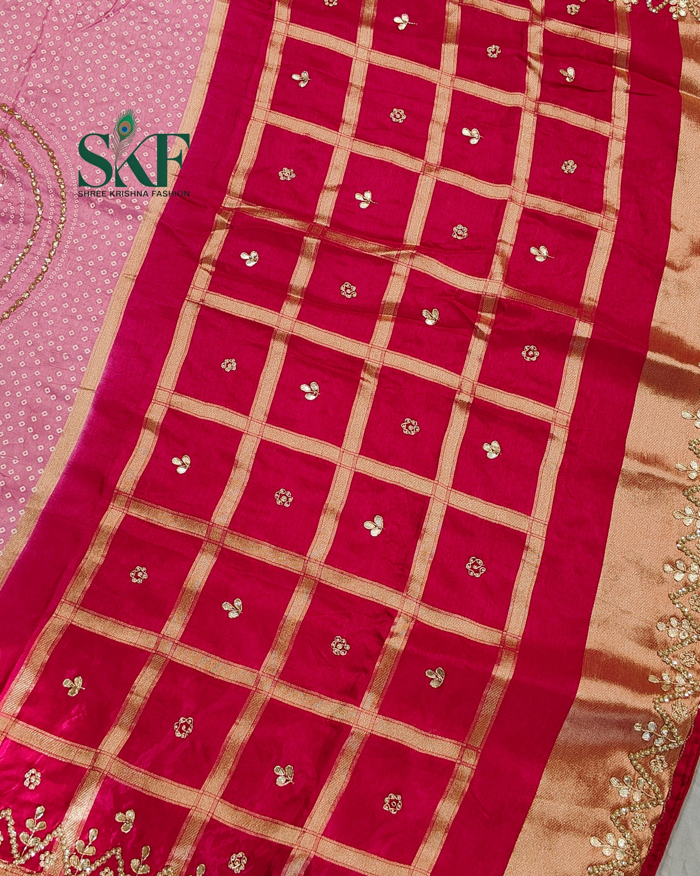 RUSSIAN SILK CHAKRA BHANDHANI GOTTA HANDWORK PINK & RANIPINK SAREE BY SKFBHOLUBHAI
