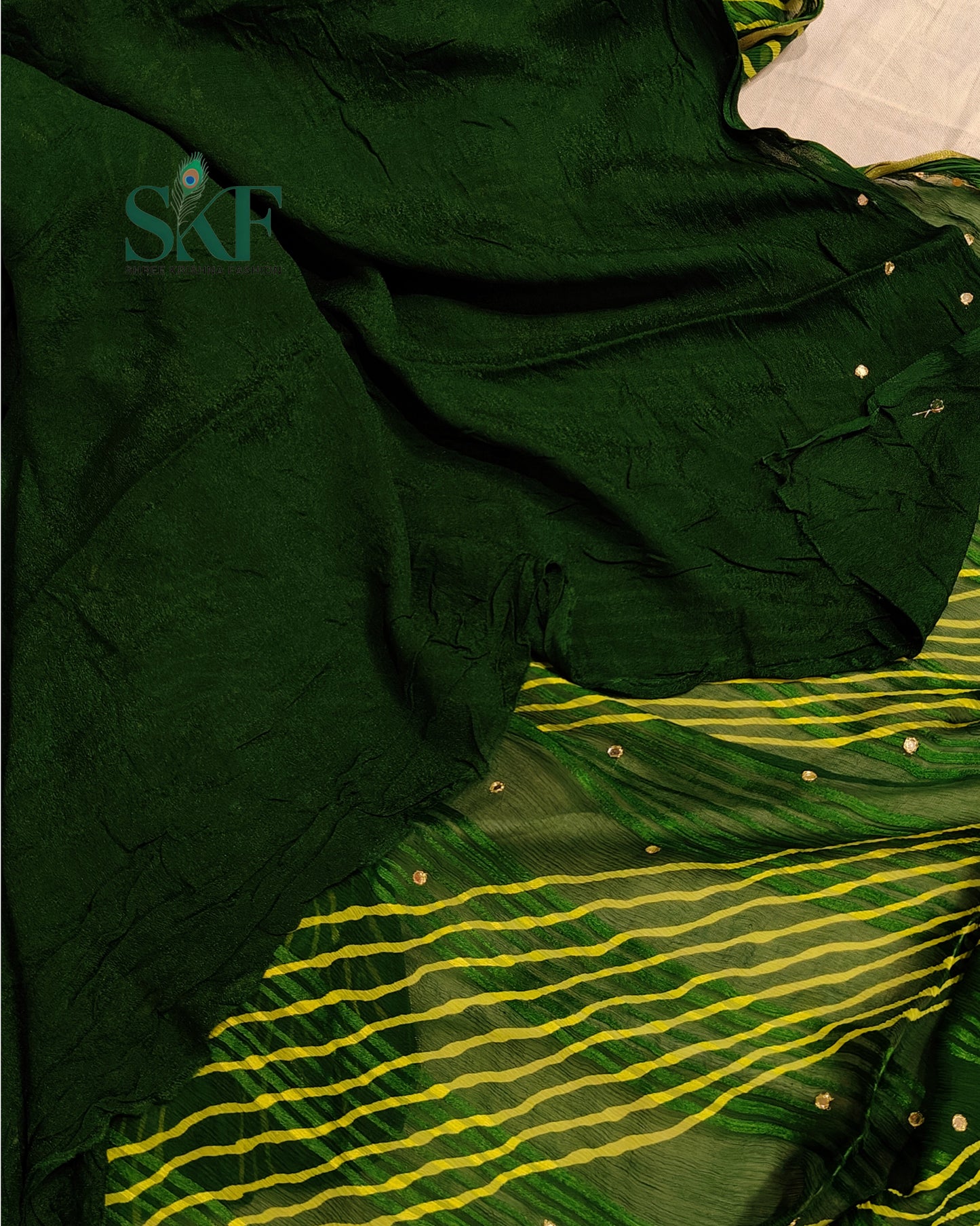 CHIFFON VISCOSE LEHRIYA AARI MIRROR LINEING WORK BOTTLEGREEN SAREE BY SKFBHOLUBHAI