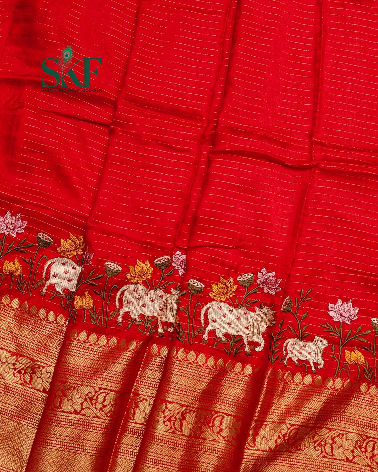 DOLA SILK MOTIF EMBROIDERY PANEL WEAVING BORDER WORK RED SAREE BY SKFBHOLUBHAI
