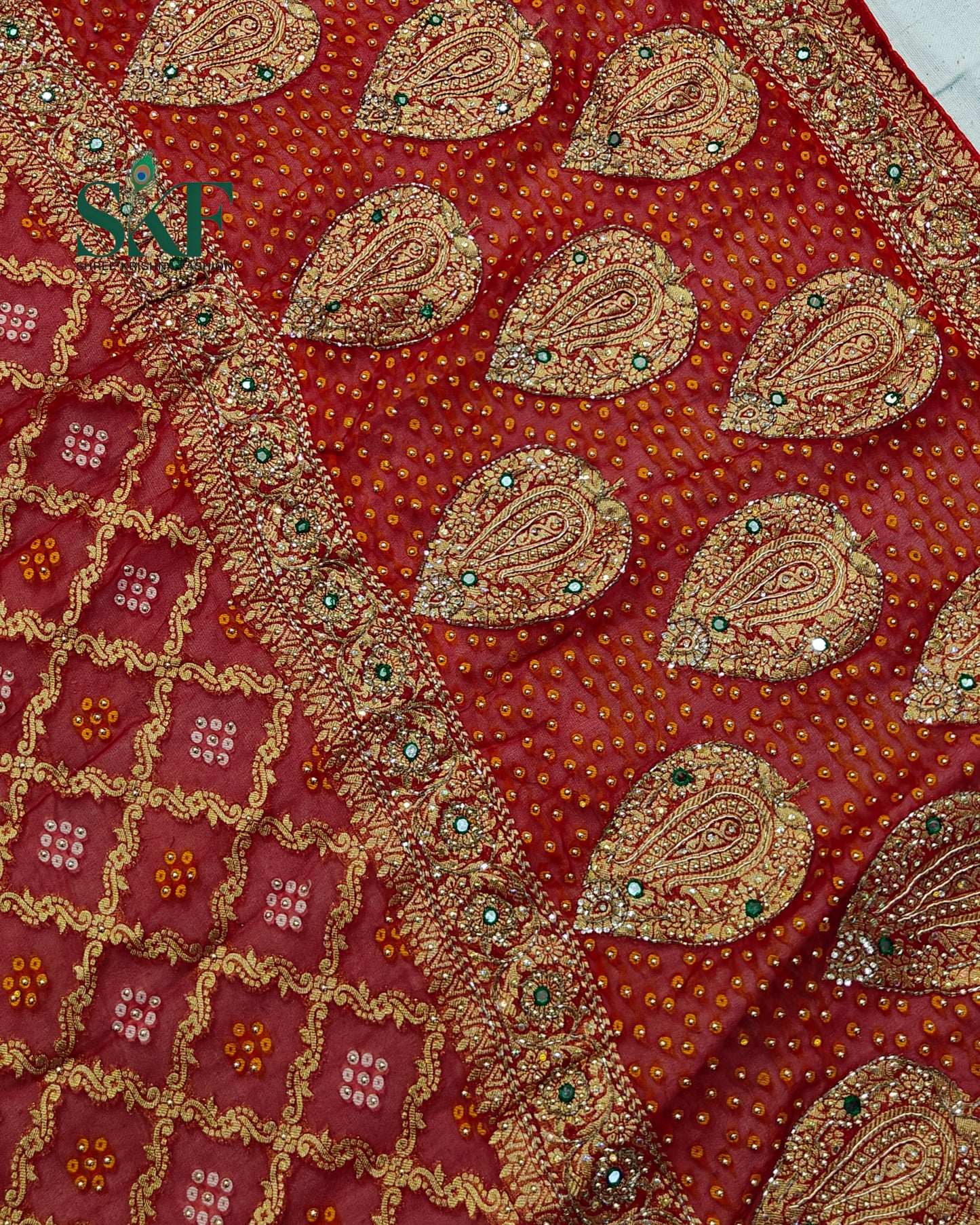 KHADI NEEM JARI GEORGETTE BHANDHANI GREEN STONE ZARDOZI HANDWORK SAREE BY SKFBHOLUBHAI
