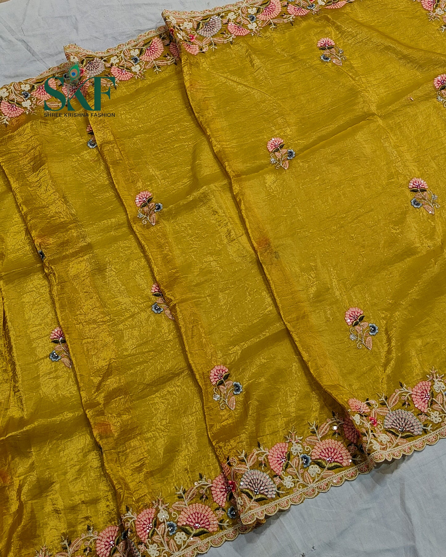 CRUSH TISSUE SIPPI SEQUENCE EMBROIDERY WORK YELLOW SAREE BY SKFBHOLUBHAI
