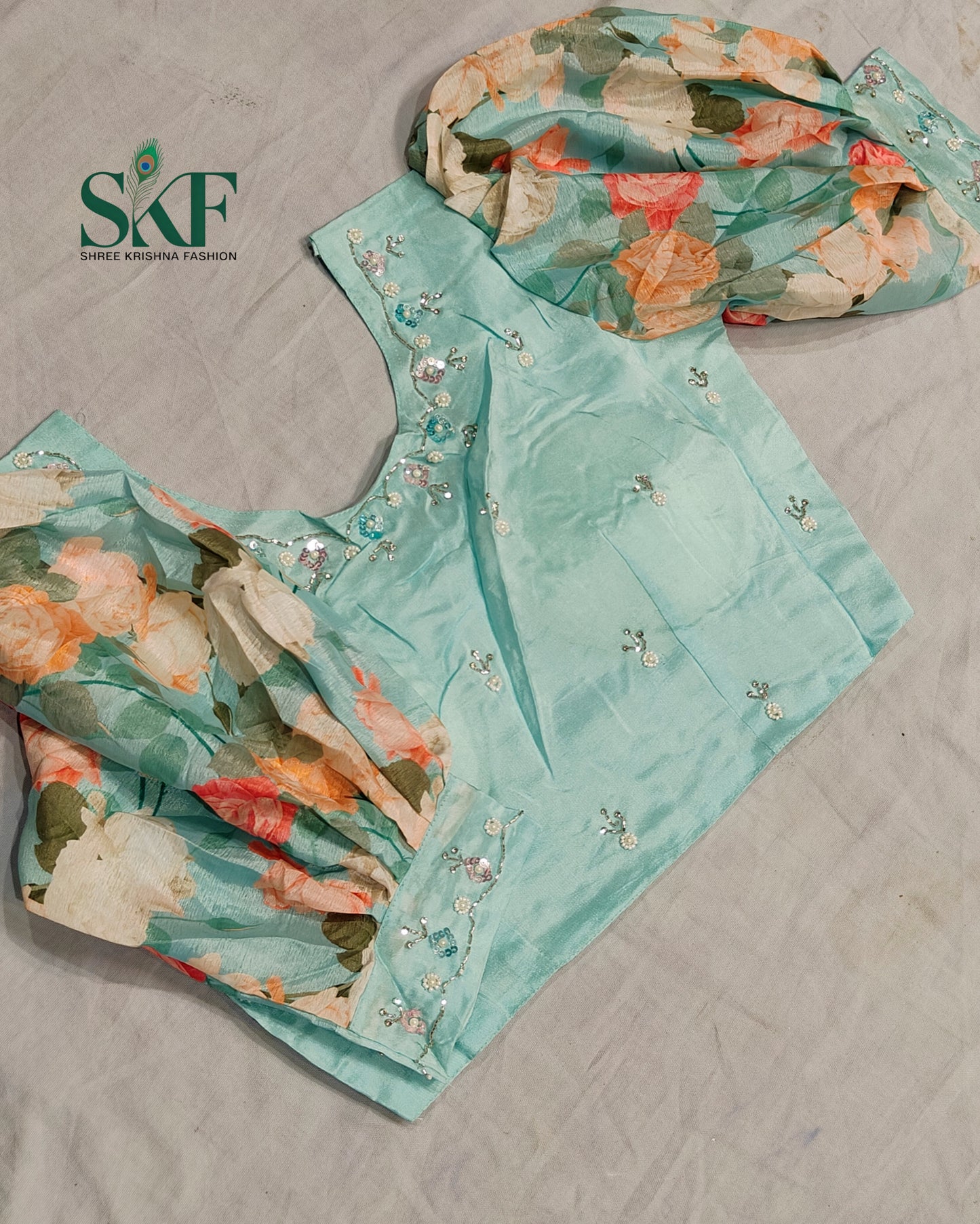 CHINON FLORAL DIGITAL PRINT HANDWORK SEEGREEN SAREE BY SKFBHOLUBHAI