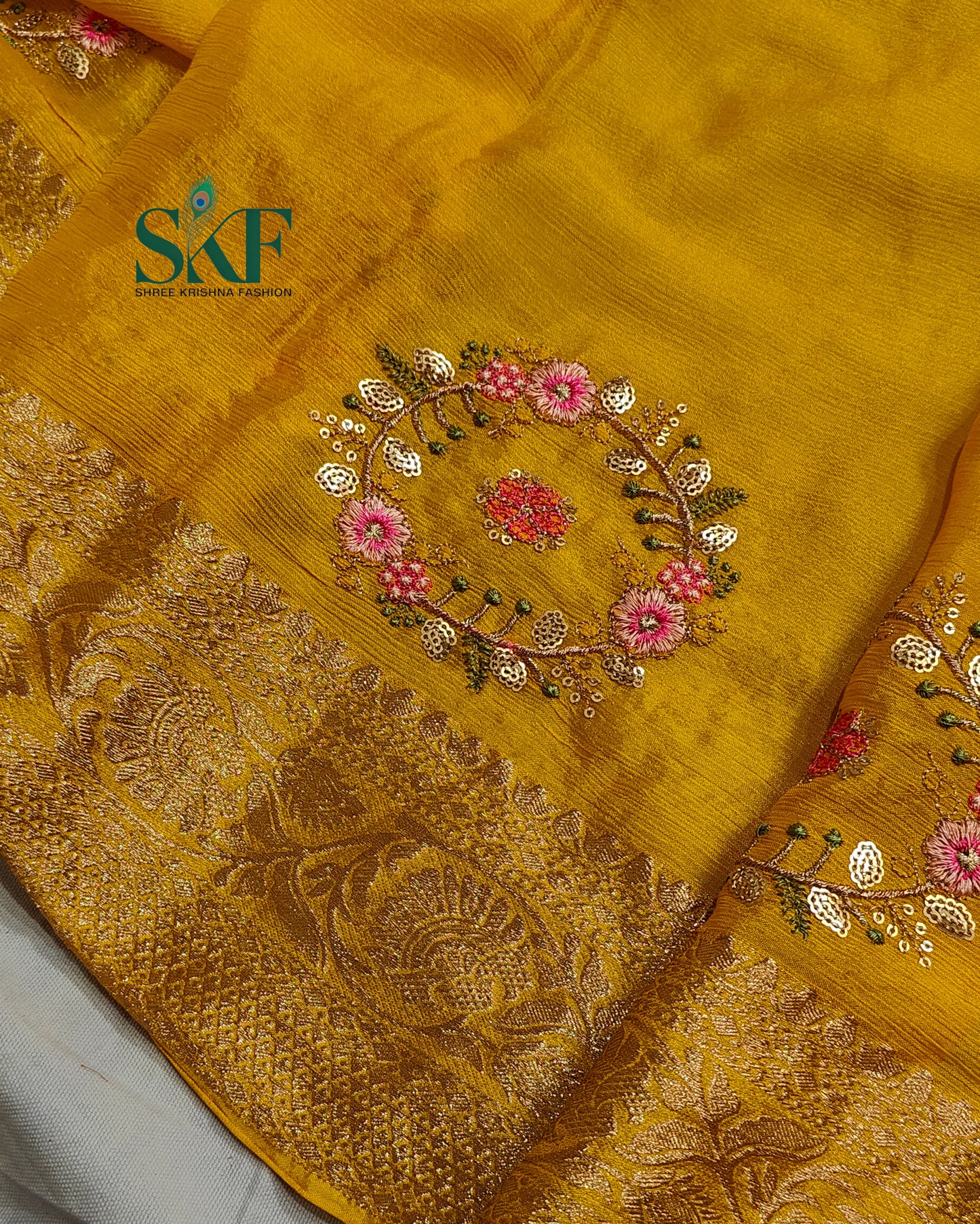 CHINON SEQUENCE EMBROIDERY WEAVING WORK YELLOW SAREE BY SKFBHOLUBHAI