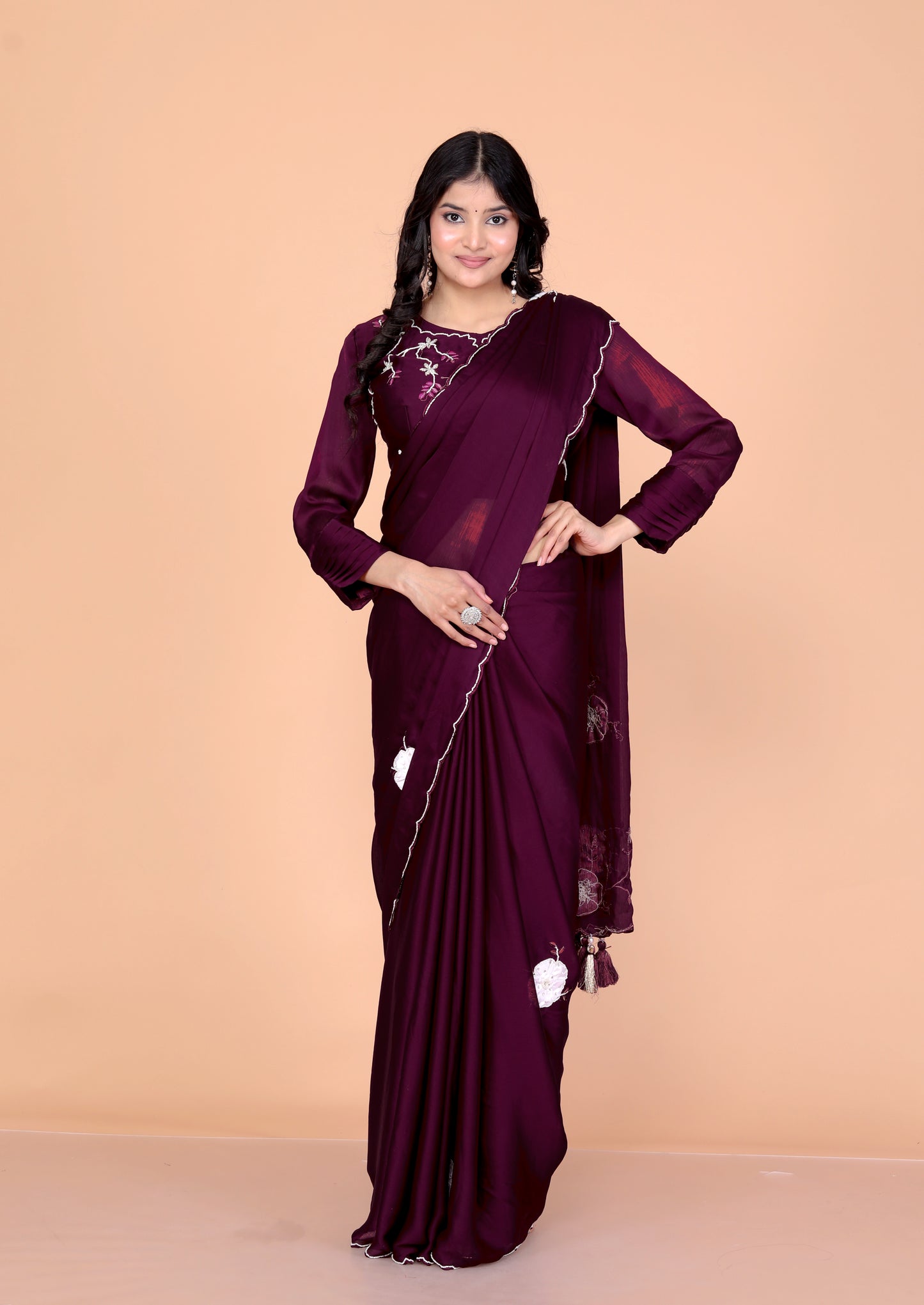 CHINON CREPE HAND BEADED WORK STICH BLOUSE WINE SAREE BY SKFBHOLUBHAI