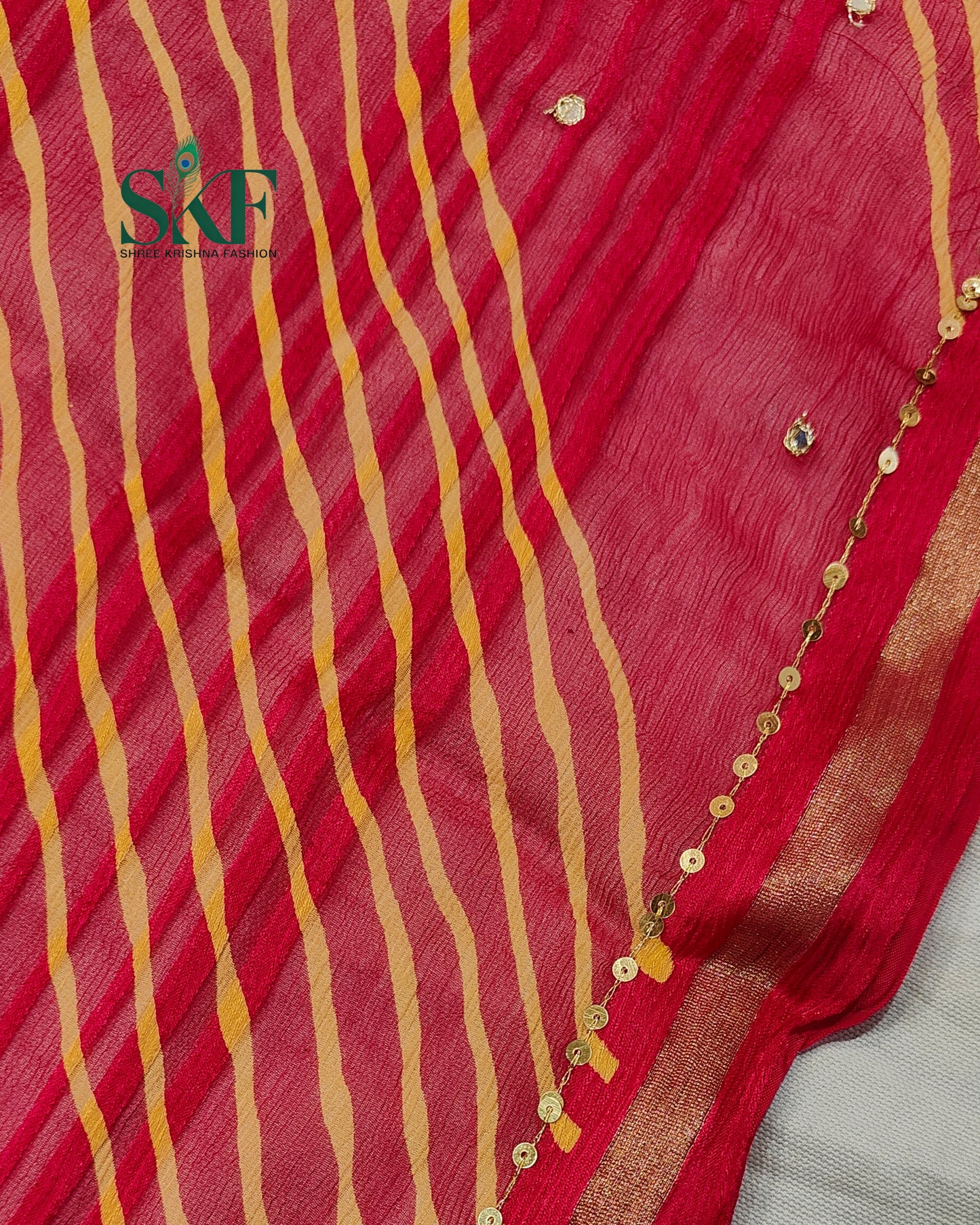CHIFFON VISCOSE LEHRIYA AARI MIRROR LINEING WORK RANIPINK SAREE BY SKFBHOLUBHAI