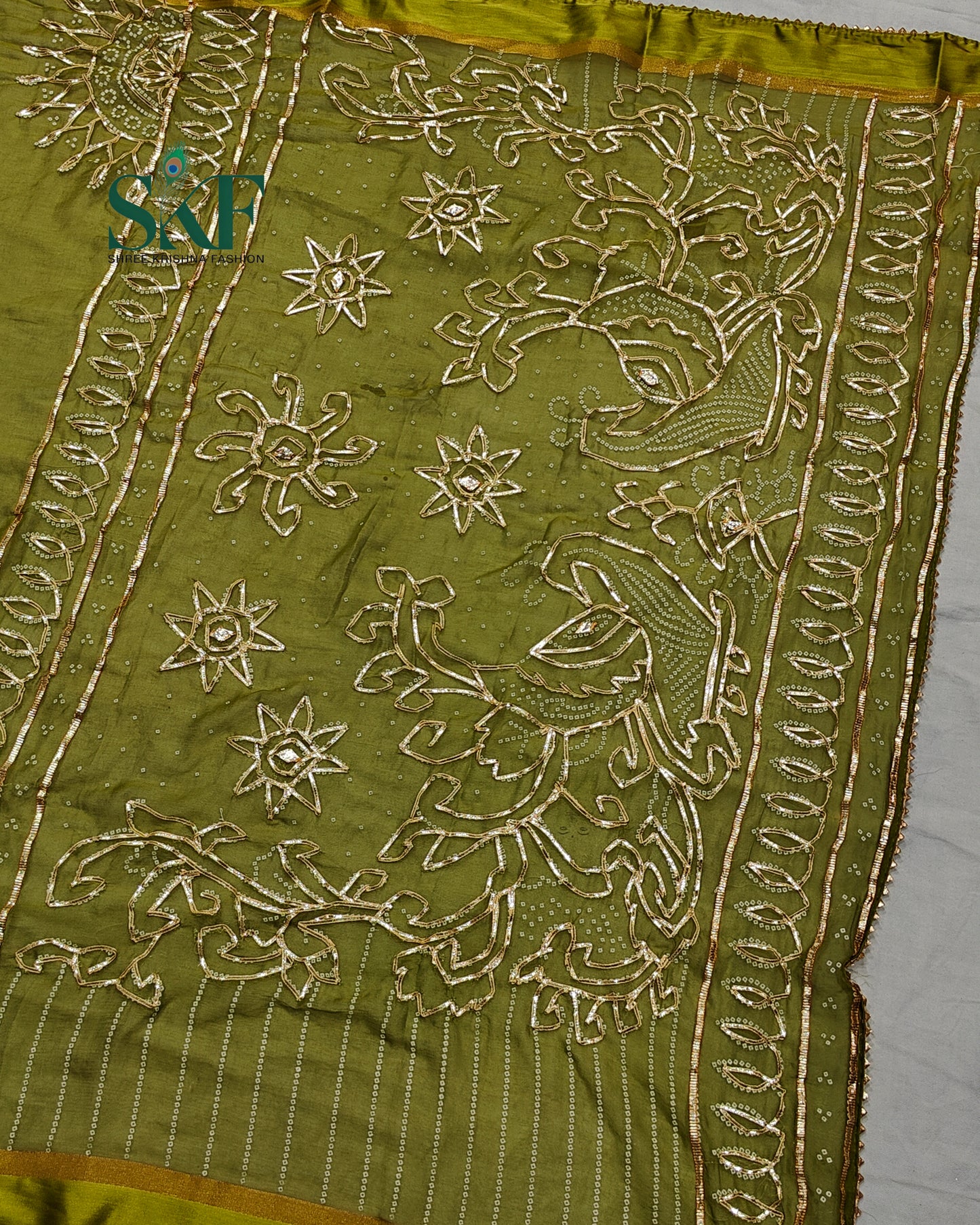 DIAMOND CHIFFON BHANDHANI KACHAGOTTA WORK PARROT GREEN SAREE BY SKFBHOLUBHAI