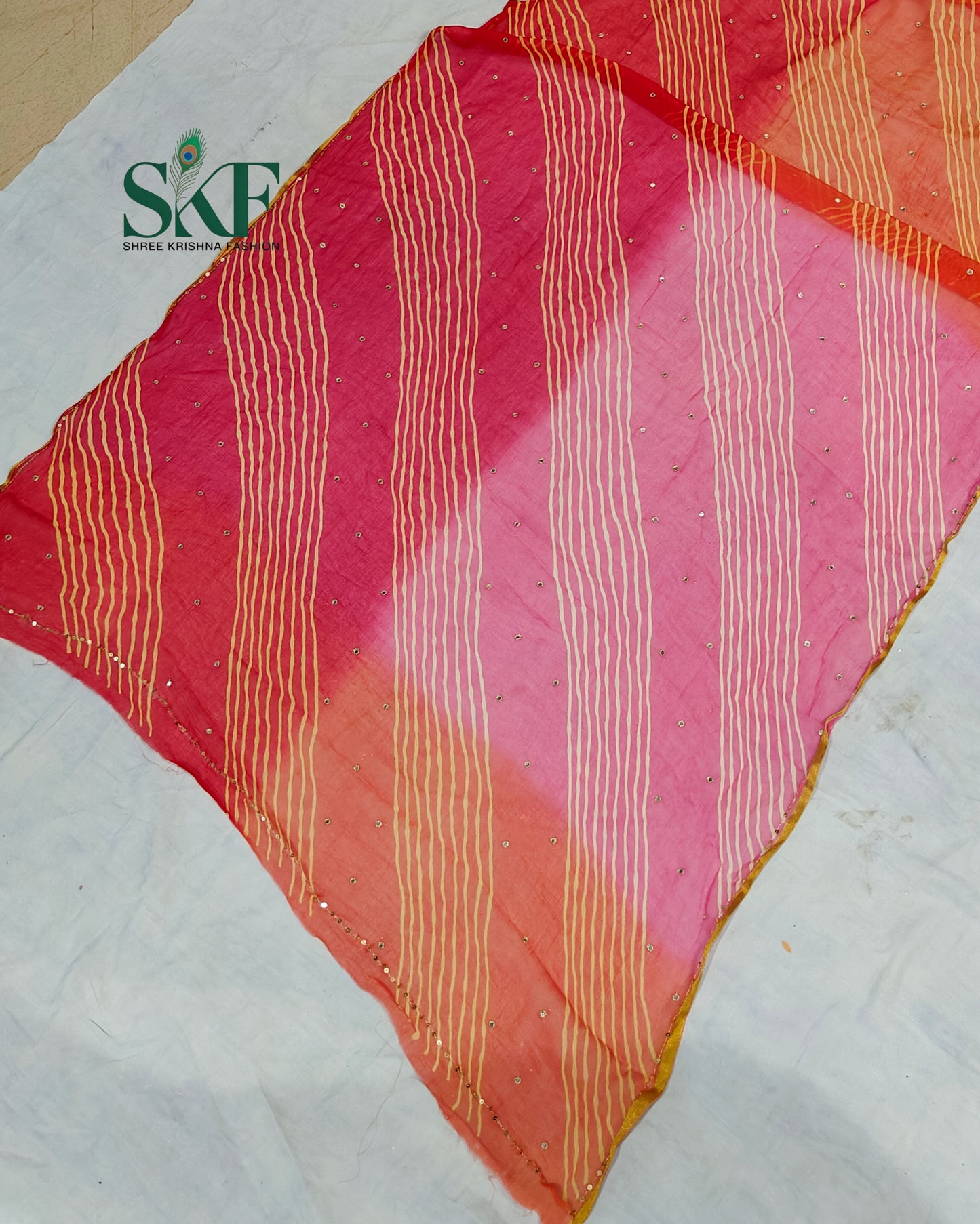CHIFFON LEHRIYA OMBRE DYE AARI MIRROR WORK BUTTY MULTICOLOUR SAREE BY SKFBHOLUBHAI