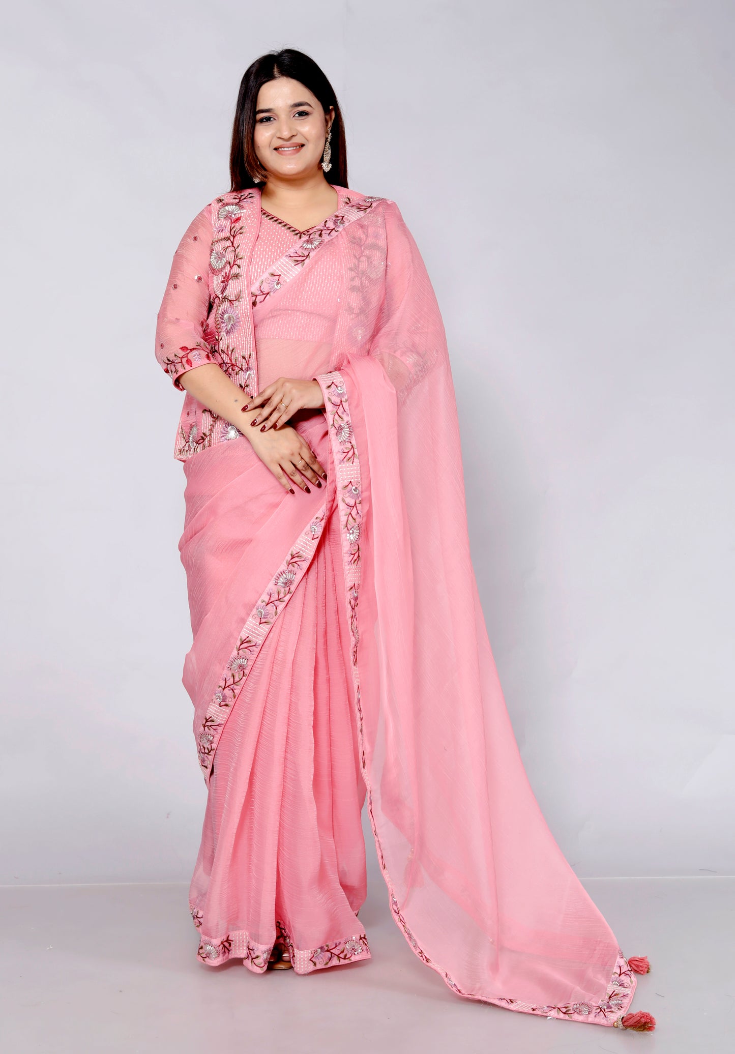 CHIFFON EMBROIDERY WORK JACKET STYLE PINK SAREE BY SKFBHOLUBHAI