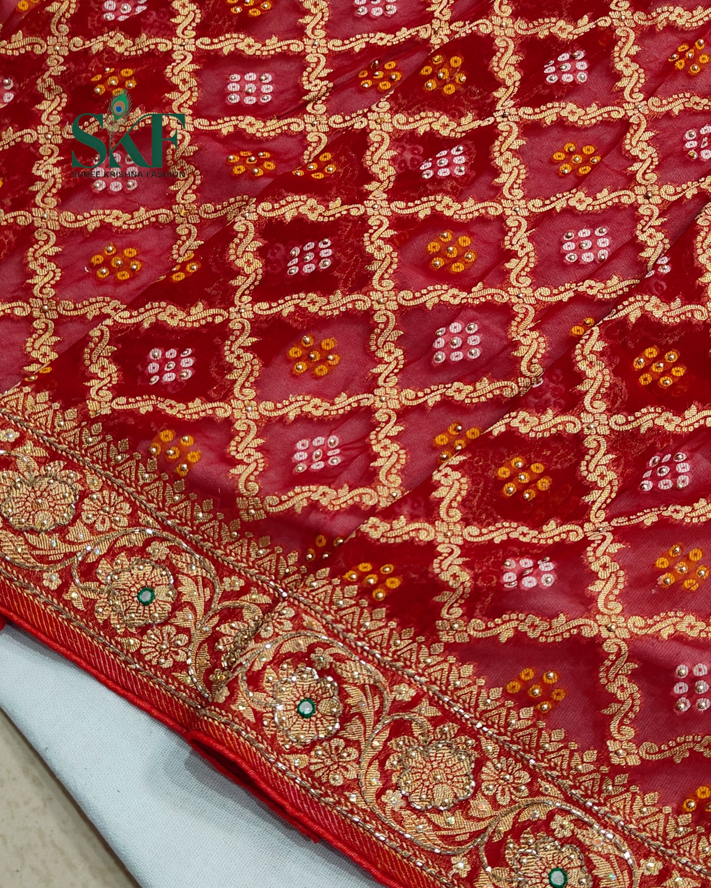 KHADI NEEM JARI GEORGETTE BHANDHANI GREEN STONE ZARDOZI HANDWORK SAREE BY SKFBHOLUBHAI