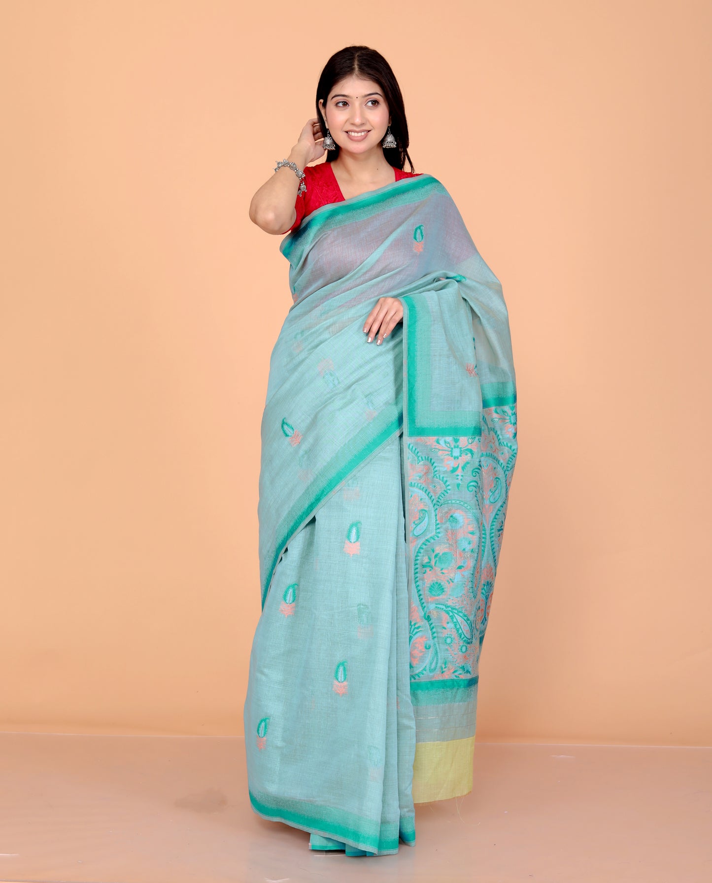 COTTON BLEND WEAVING FIROZI SAREE BY SKFBHOLUBHAI