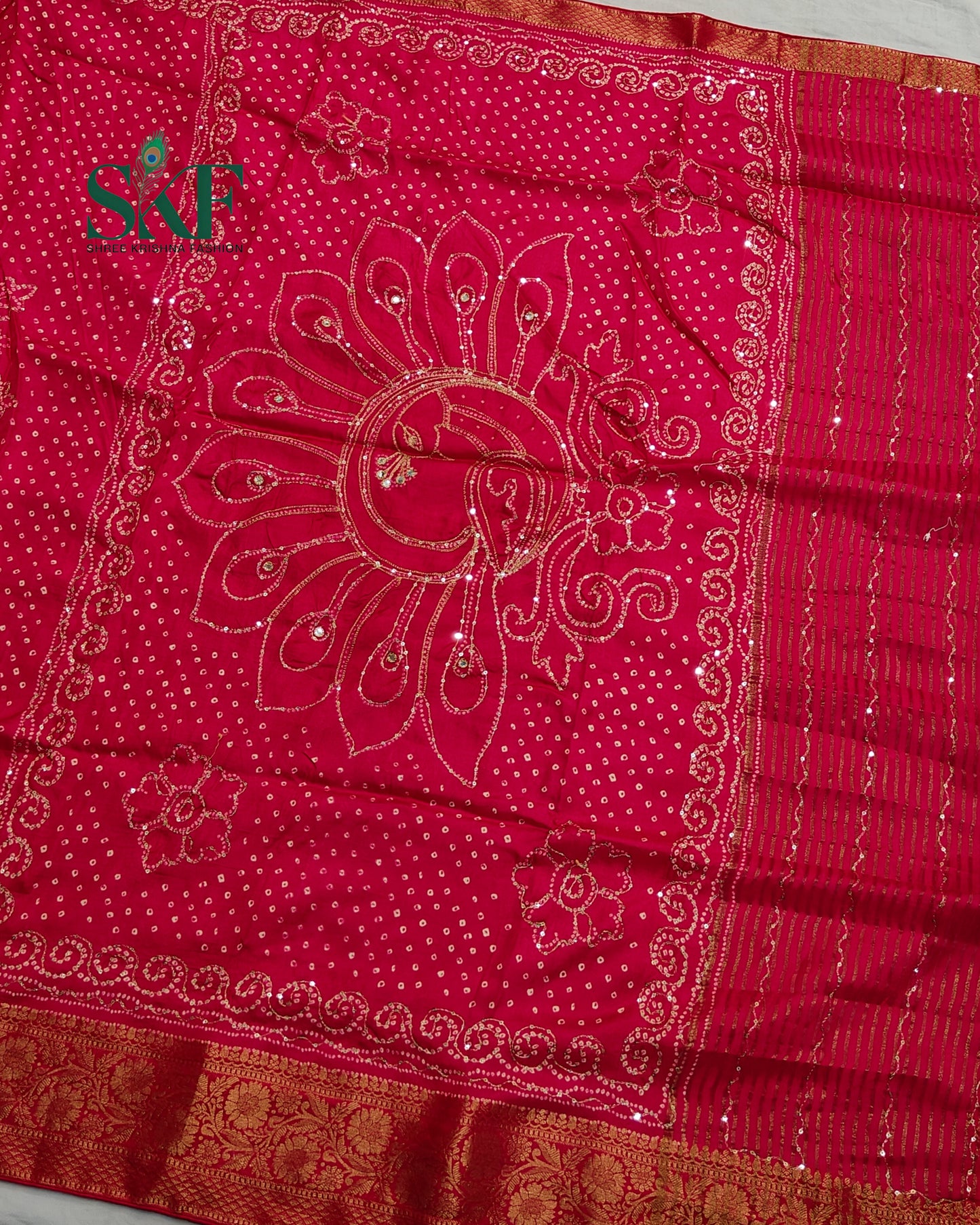 HO SILK BHANDHANI PEACOCK MOTIF AARI AND SEQUENCE WORK RANIPINK SAREE BY SKFBHOLUBHAI