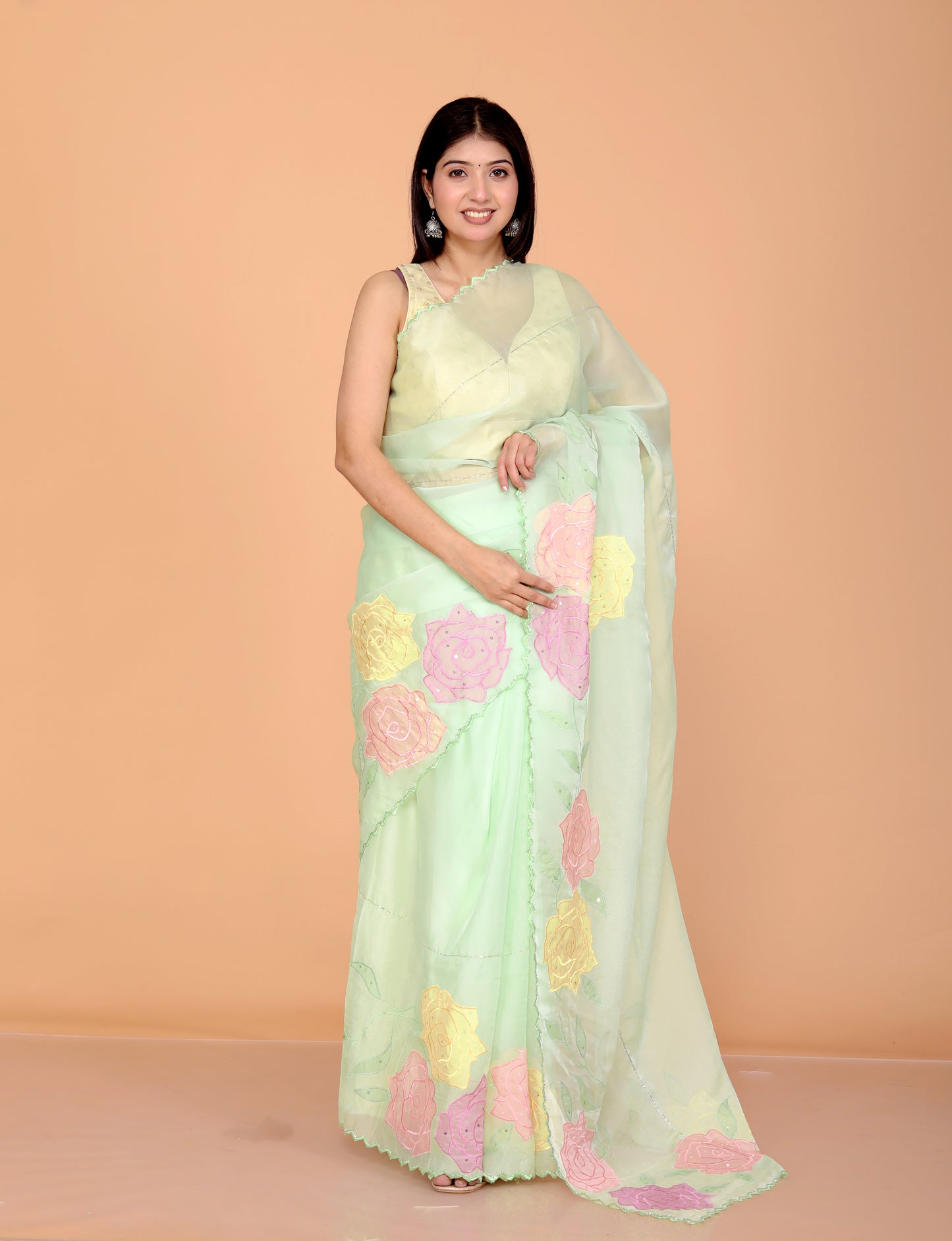 TISSUE APPLIQUE HANDWORK DESIGNER PISTA SAREE BY SKFBHOLUBHAI