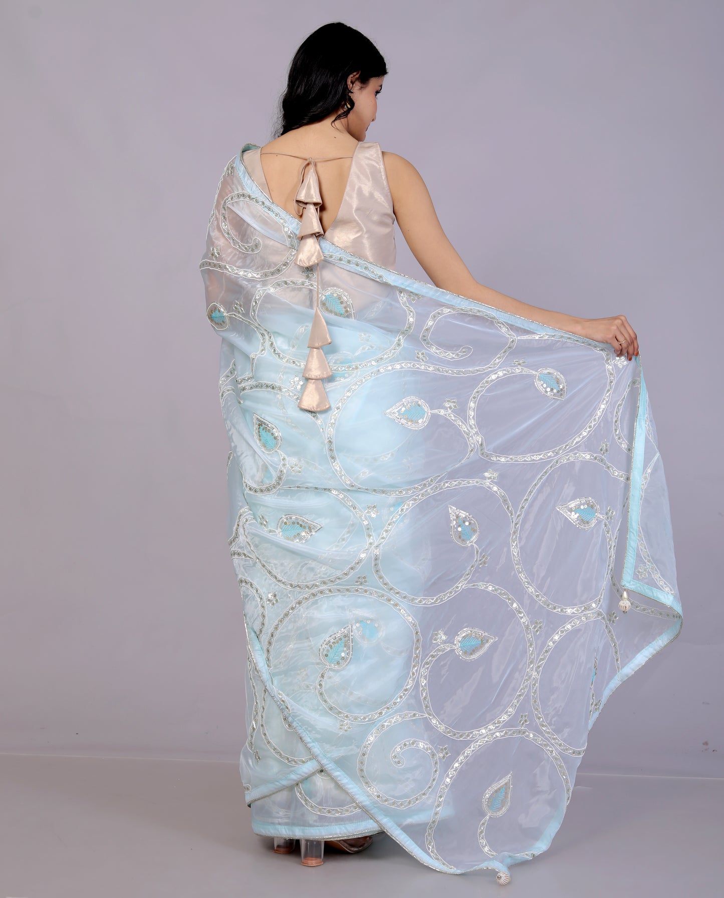 GLASS TISSUE KATCHA GOTTA SEQUENCE JAAL WORK SKY BLUE SAREE BY SKFBHOLUBHAI