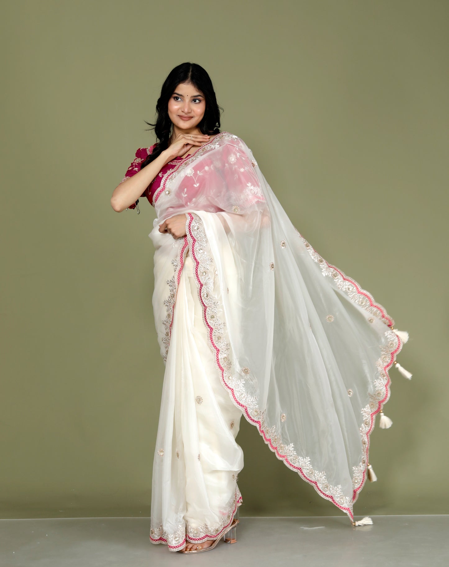 NEAT ORGANZA ZARI EMBROIDERY CUTWORK STICH BLOUSE IVORY SAREE BY SKFBHOLUBHAI