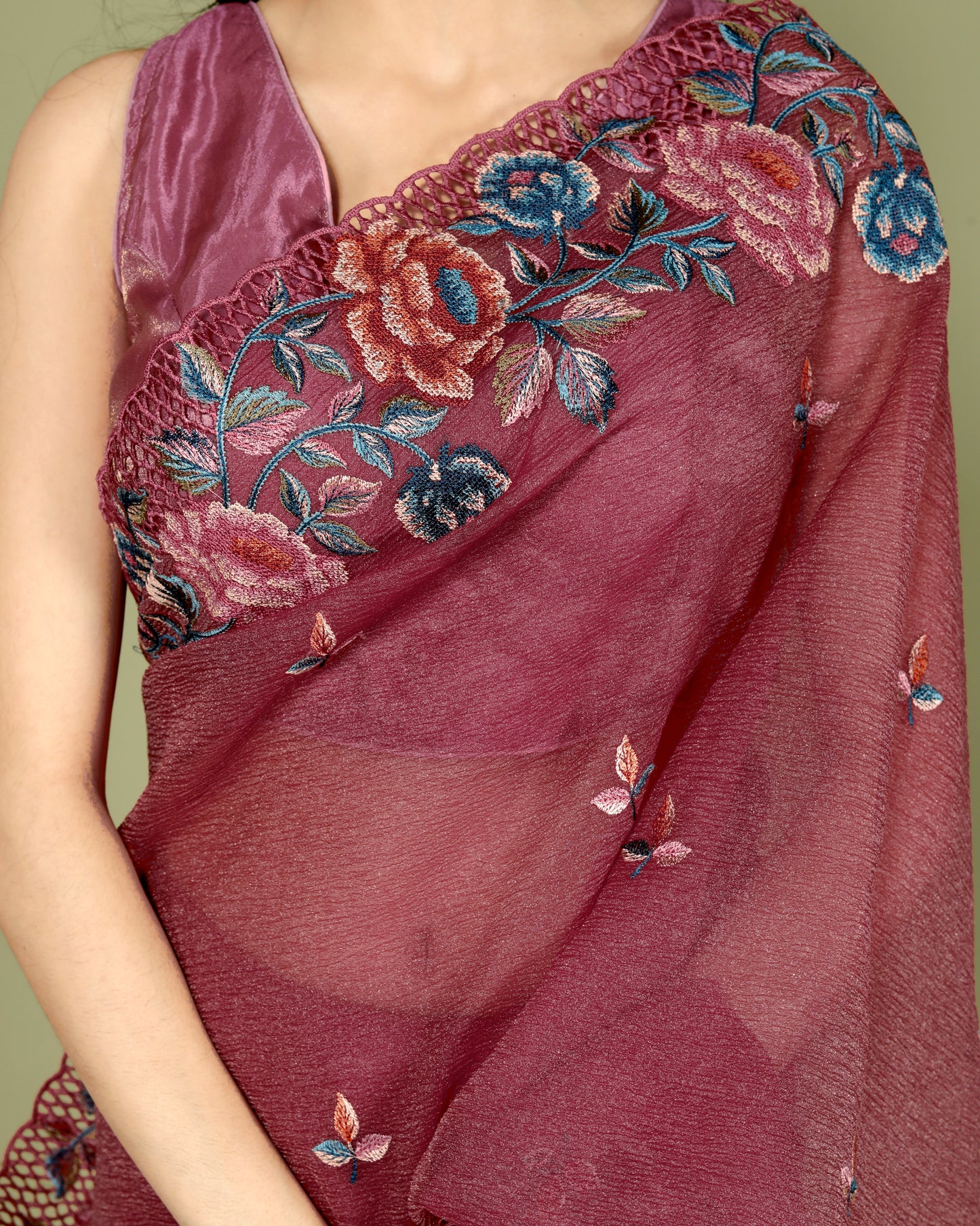 CRUSH CHINON MULTITHRED EMBROIDERY BORDER WORK RED RUST SAREE BY SKFBHOLUBHAI