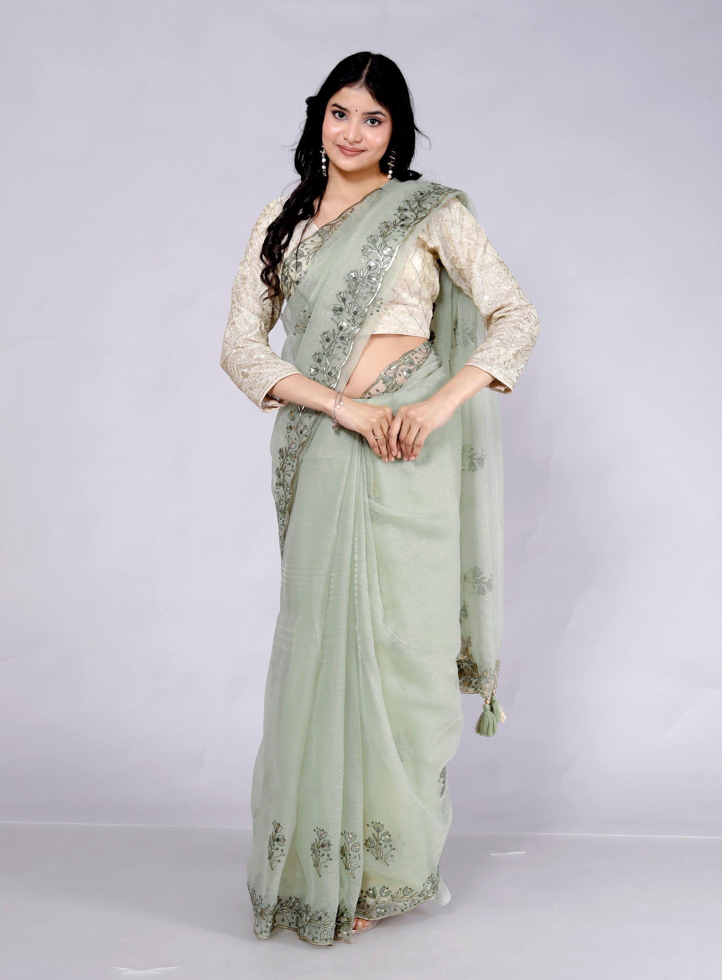 CHIFFON THREAD EMBROIDERY SAGE GREEN SAREE BY SKFBHOLUHAI