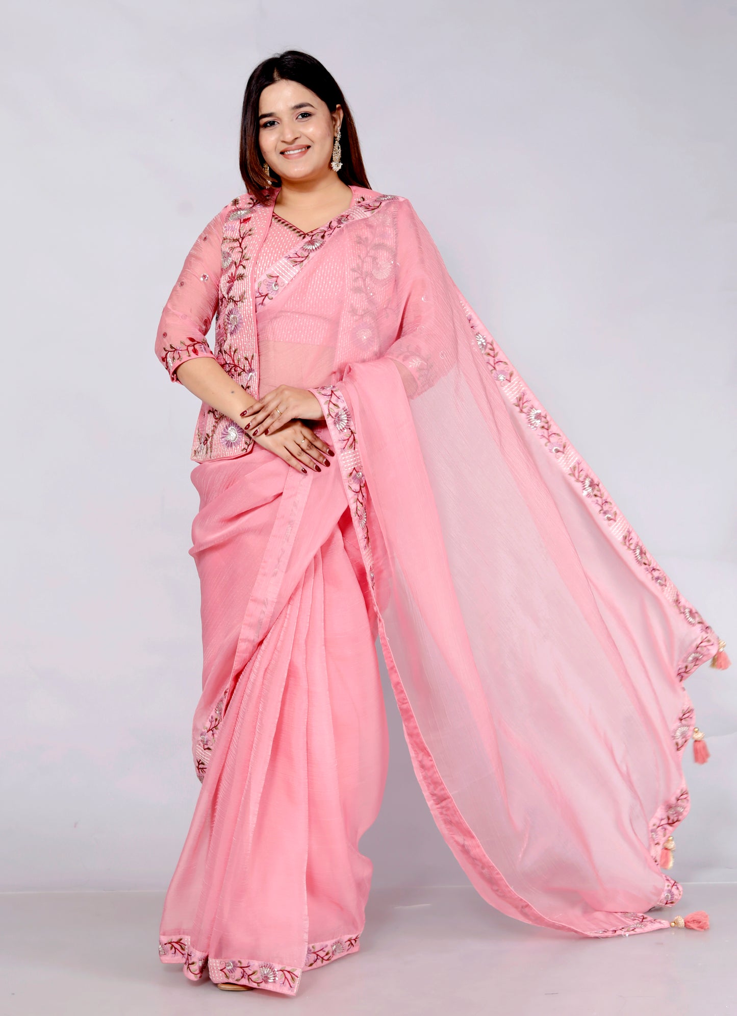 CHIFFON EMBROIDERY WORK JACKET STYLE PINK SAREE BY SKFBHOLUBHAI