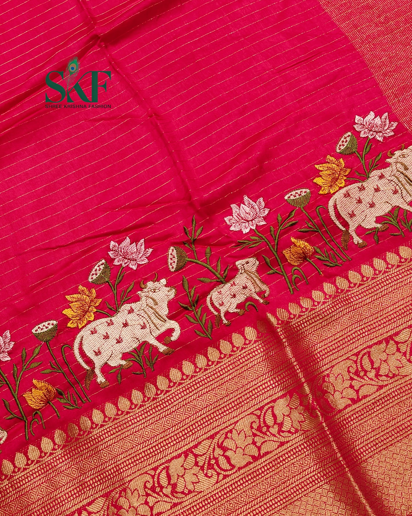 DOLA SILK MOTIF EMBROIDERY PANEL WEAVING BORDER WORK RANIPINK SAREE BY SKFBHOLUBHAI