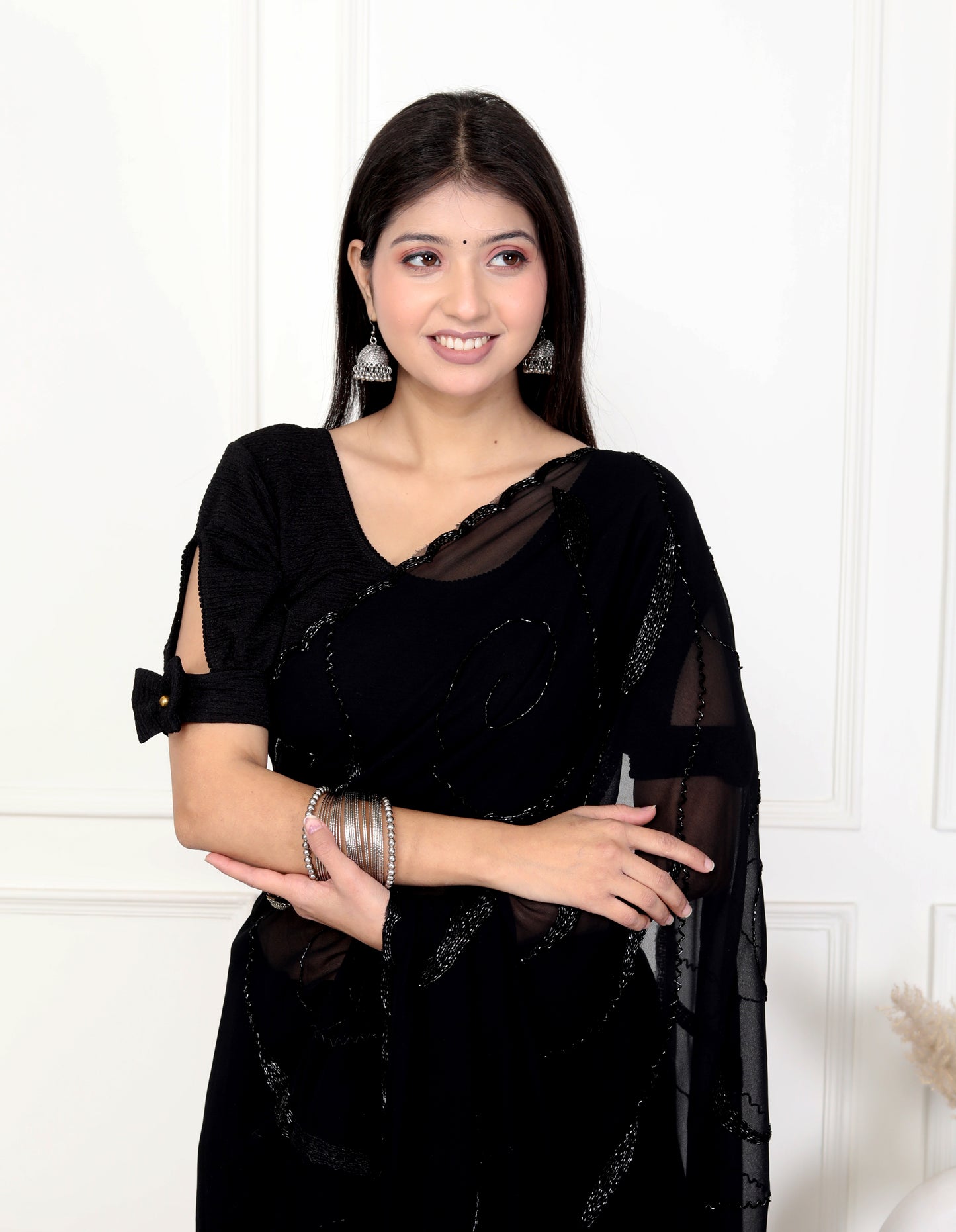 GEORGETTE BLACK KARDANA JAAL HANDWORK SAREE BY SKFBHOLUBHAI