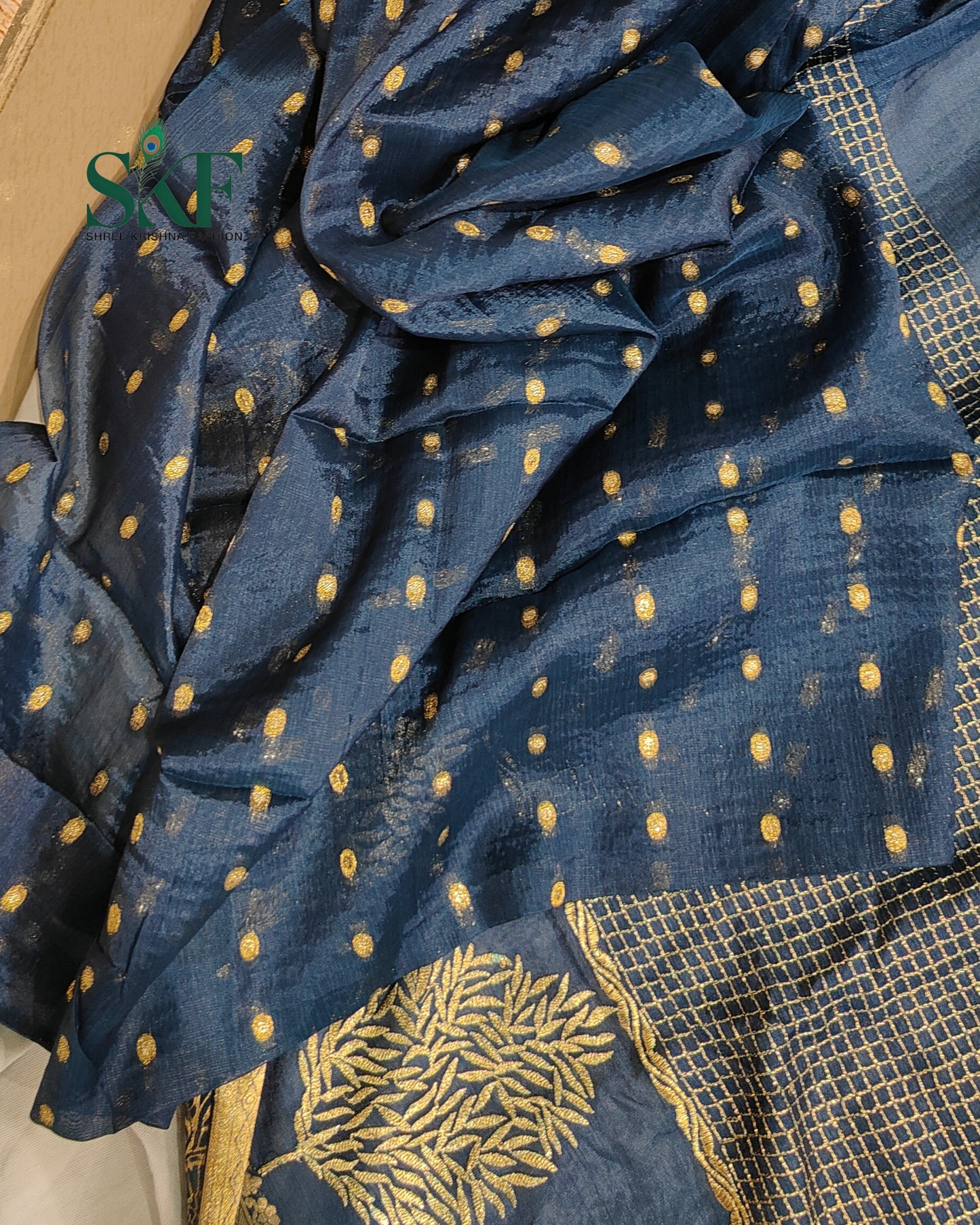CHINON EMBROIDERY WEAVING BORDER WORK NAVYBLUE SAREE BY SKFBHOLUBHAI