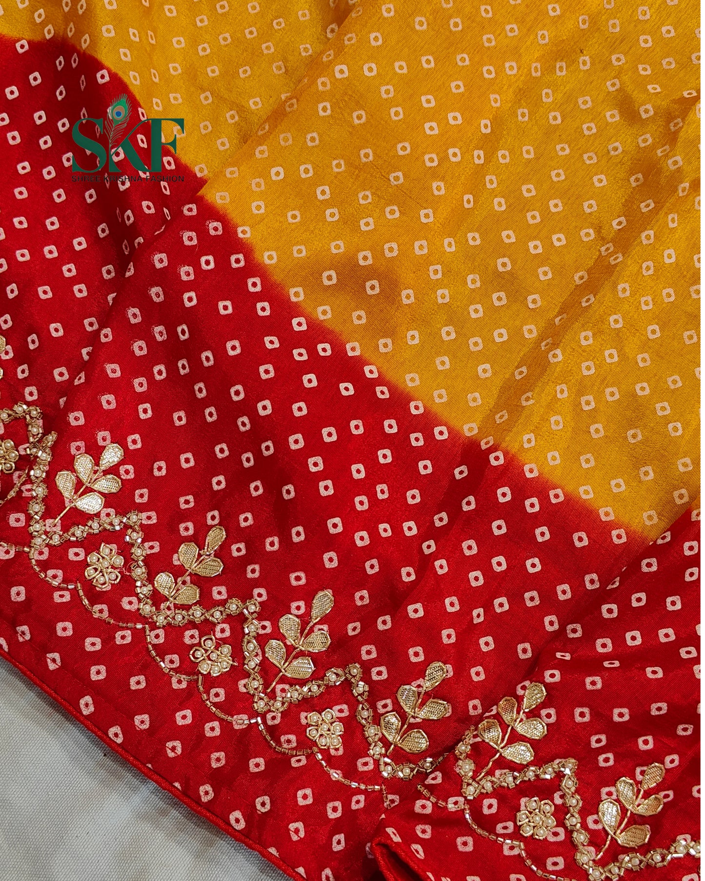 RUSSIAN SILK CHAKRA BHANDHANI GOTTA HANDWORK RED&YELLOW SAREE BY SKFBHOLUBHAI
