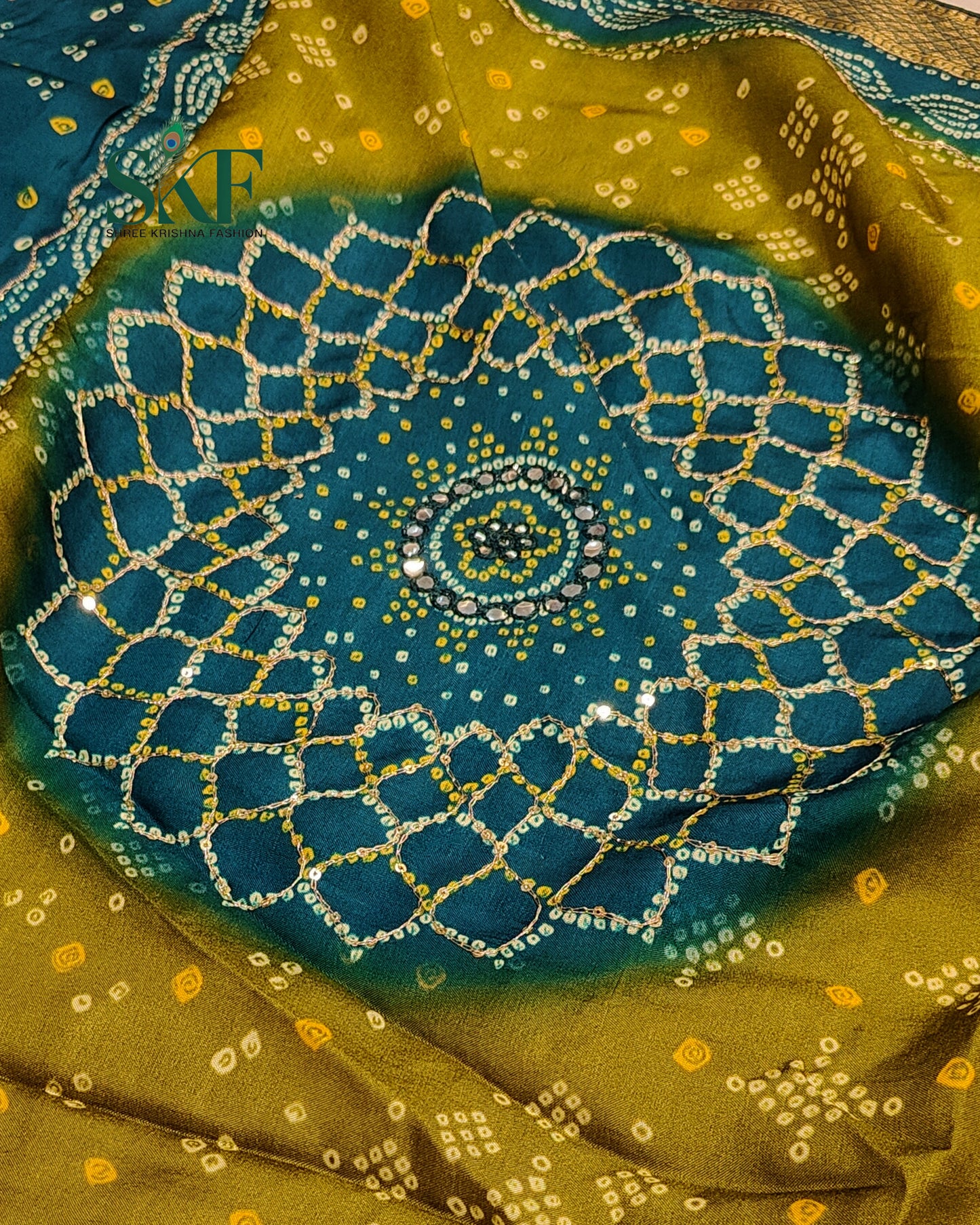 HO SILK BHANDHANI MIRROR WORK TWO TONE TEAL BLUE AND MEHNDI GREEN SAREE BY SKFBHOLUBHAI