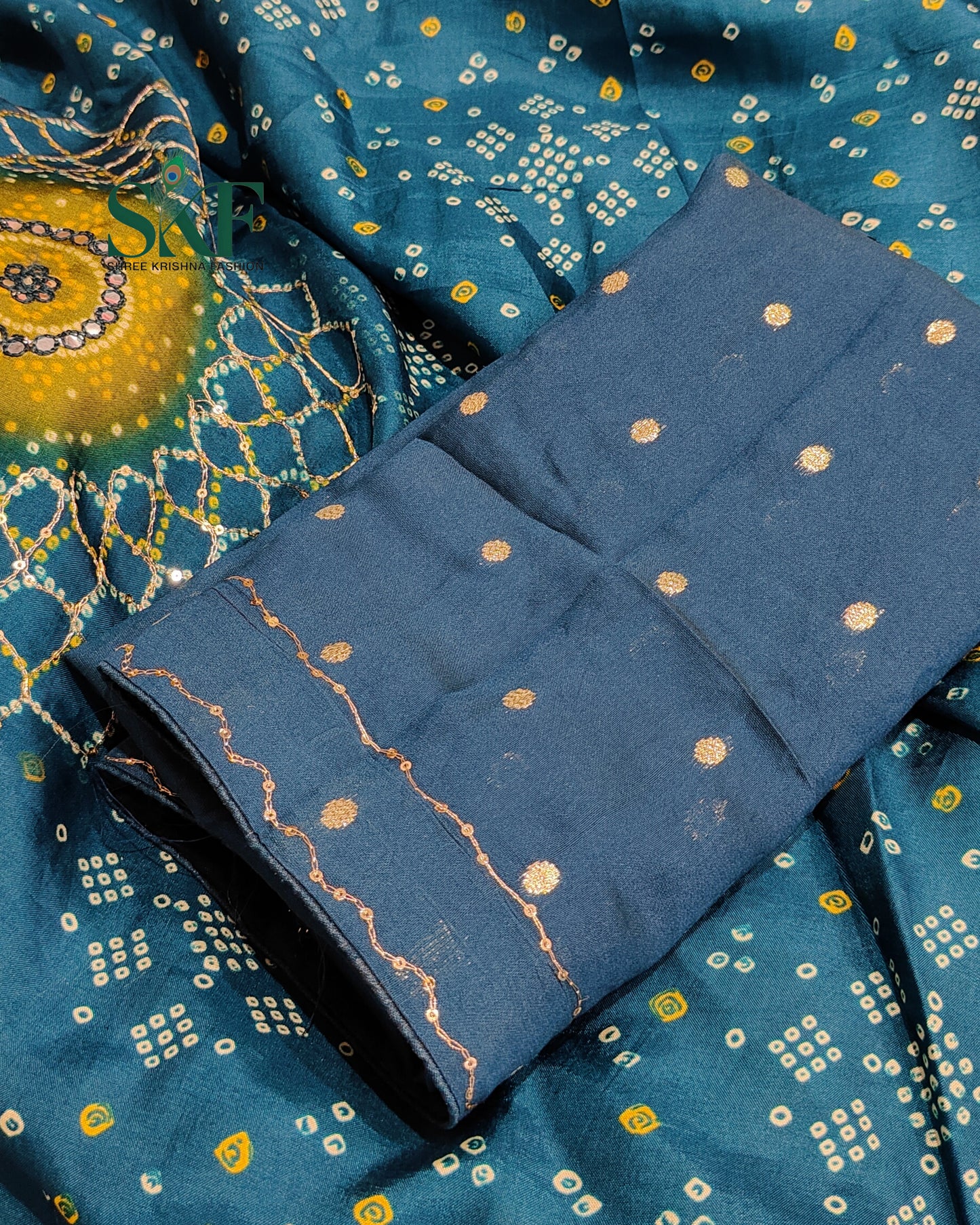 HO SILK BHANDHANI MIRROR WORK TWO TONE TEAL BLUE AND MEHNDI GREEN SAREE BY SKFBHOLUBHAI