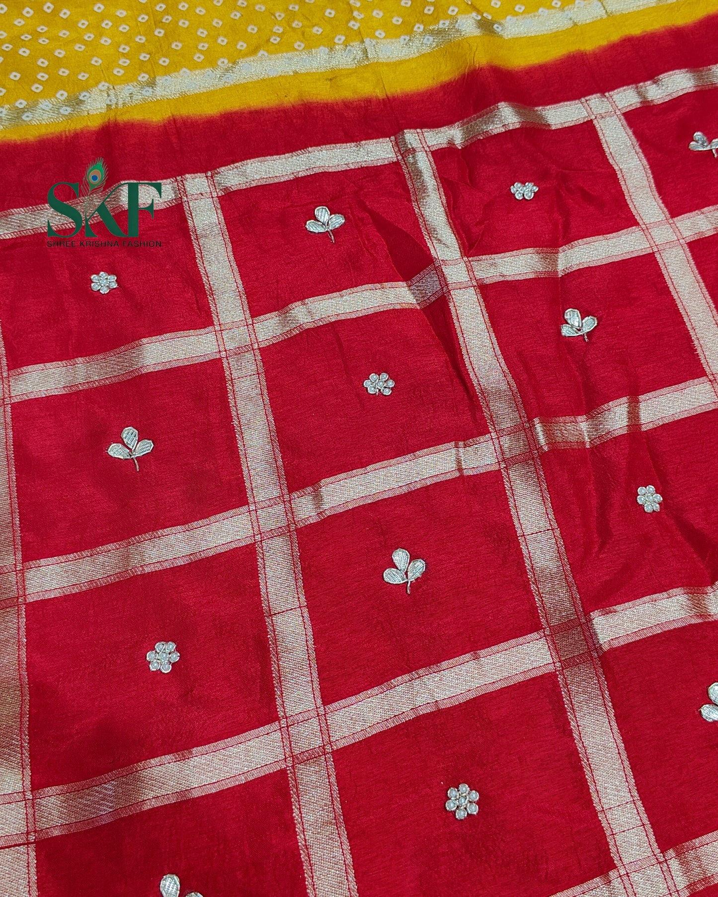 RUSSIAN SILK CHAKRA BHANDHANI GOTTA HANDWORK RED&YELLOW SAREE BY SKFBHOLUBHAI