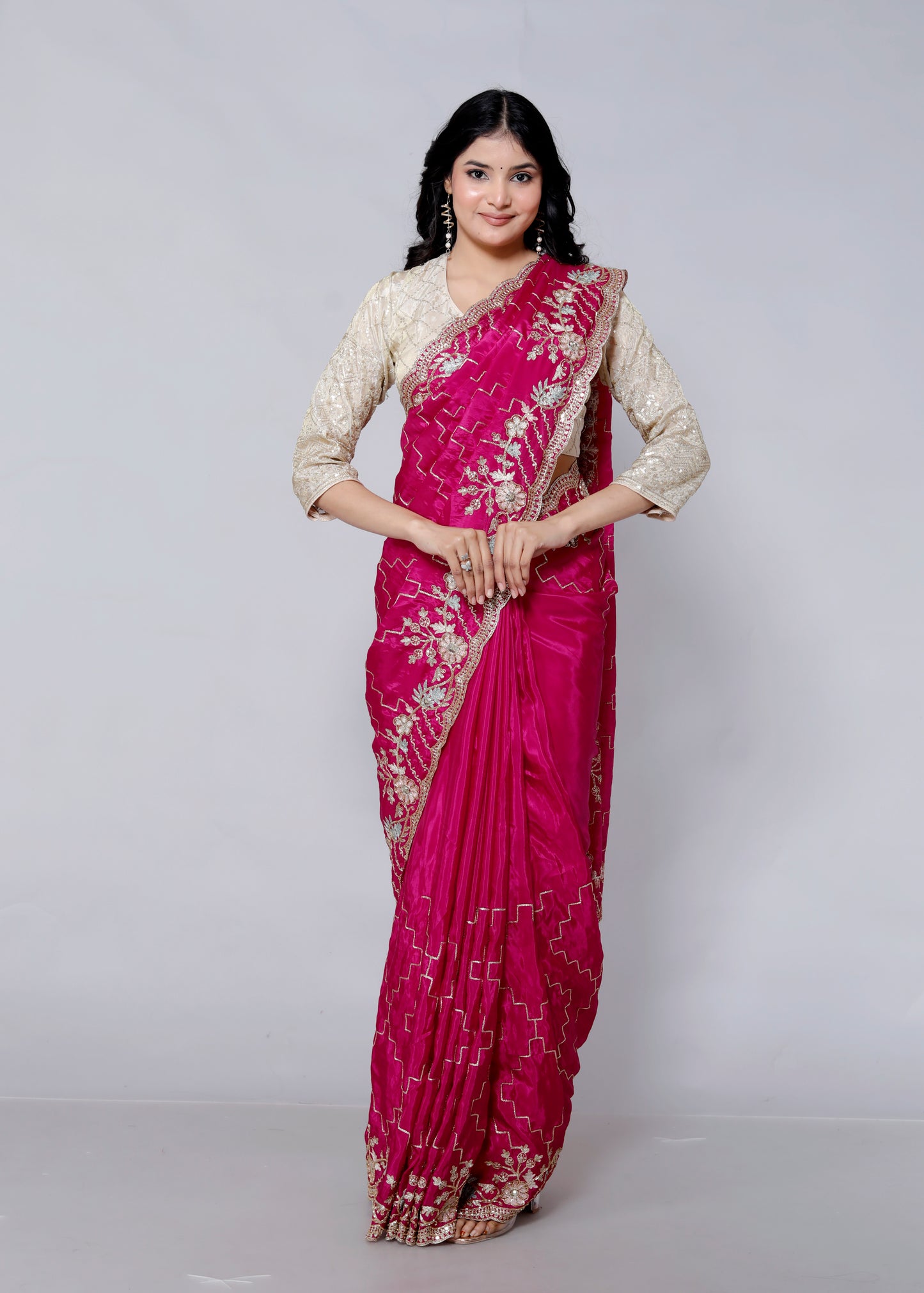 HO SILK ZARI EMBROIDERY HANDWORK JAAL RANIPINK SAREE BY SKFBHOLUBHAI