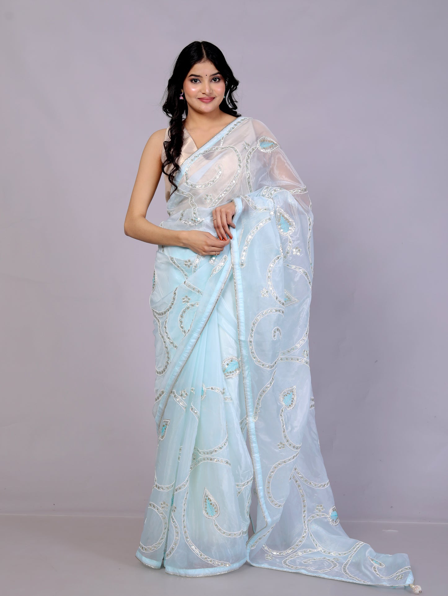 GLASS TISSUE KATCHA GOTTA SEQUENCE JAAL WORK SKY BLUE SAREE BY SKFBHOLUBHAI