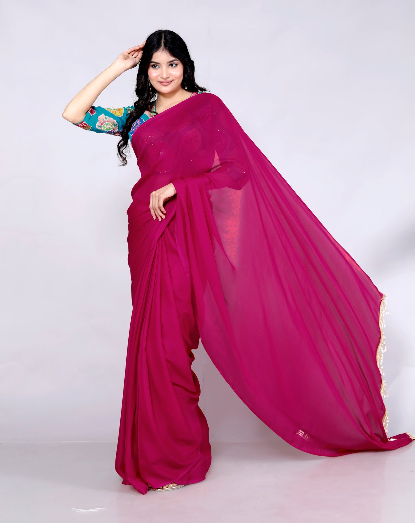 CREPE PLAIN TASSELS WORK RANI PINK SAREE BY SKFBHOLUBHAI