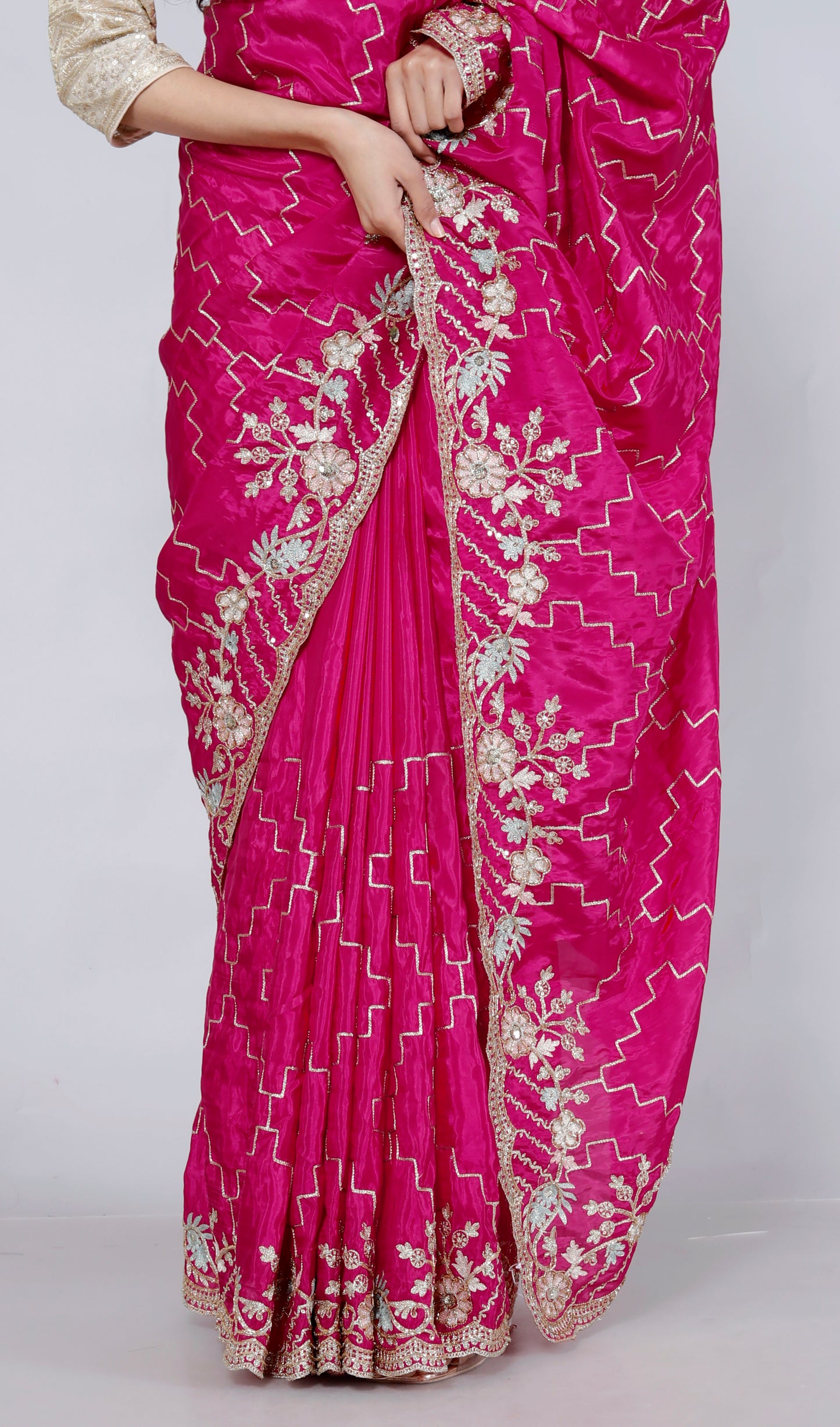 HO SILK ZARI EMBROIDERY HANDWORK JAAL RANIPINK SAREE BY SKFBHOLUBHAI