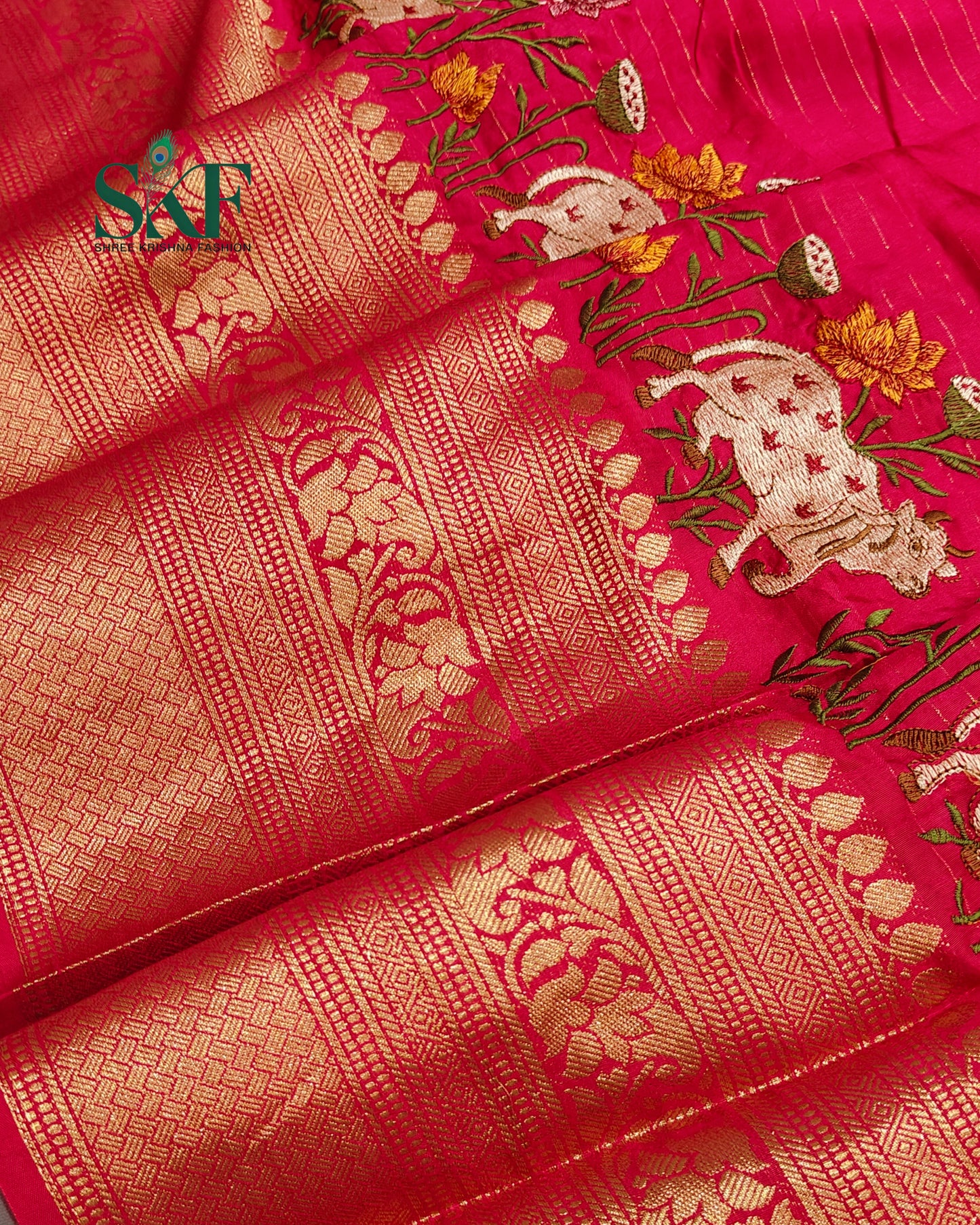 DOLA SILK MOTIF EMBROIDERY PANEL WEAVING BORDER WORK RANIPINK SAREE BY SKFBHOLUBHAI
