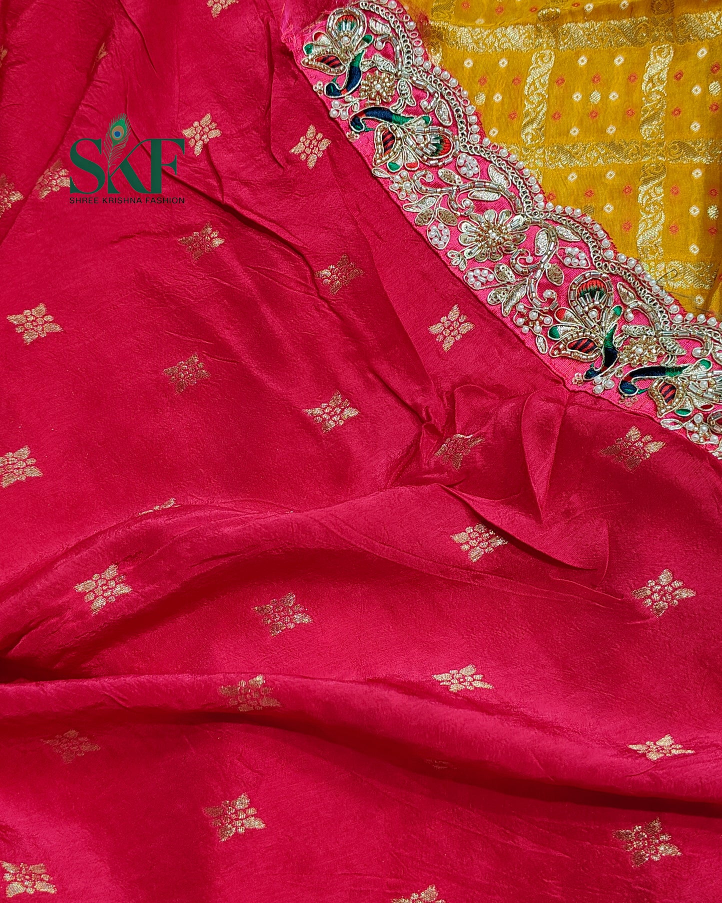 KHADI NEEM JARI GEORGETTE GHATCHOLA BHANDHANI HEAVY WORK BORDER YELLOW SAREE BY SKFBHOLUBHAI