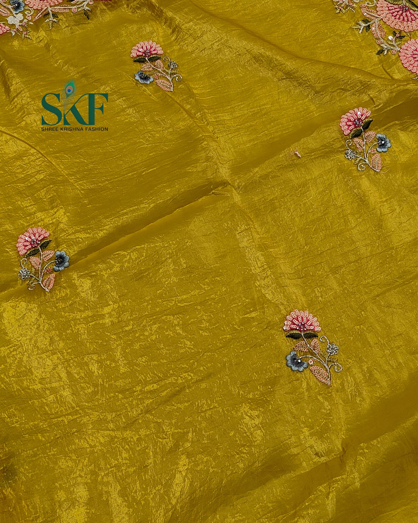 CRUSH TISSUE SIPPI SEQUENCE EMBROIDERY WORK YELLOW SAREE BY SKFBHOLUBHAI
