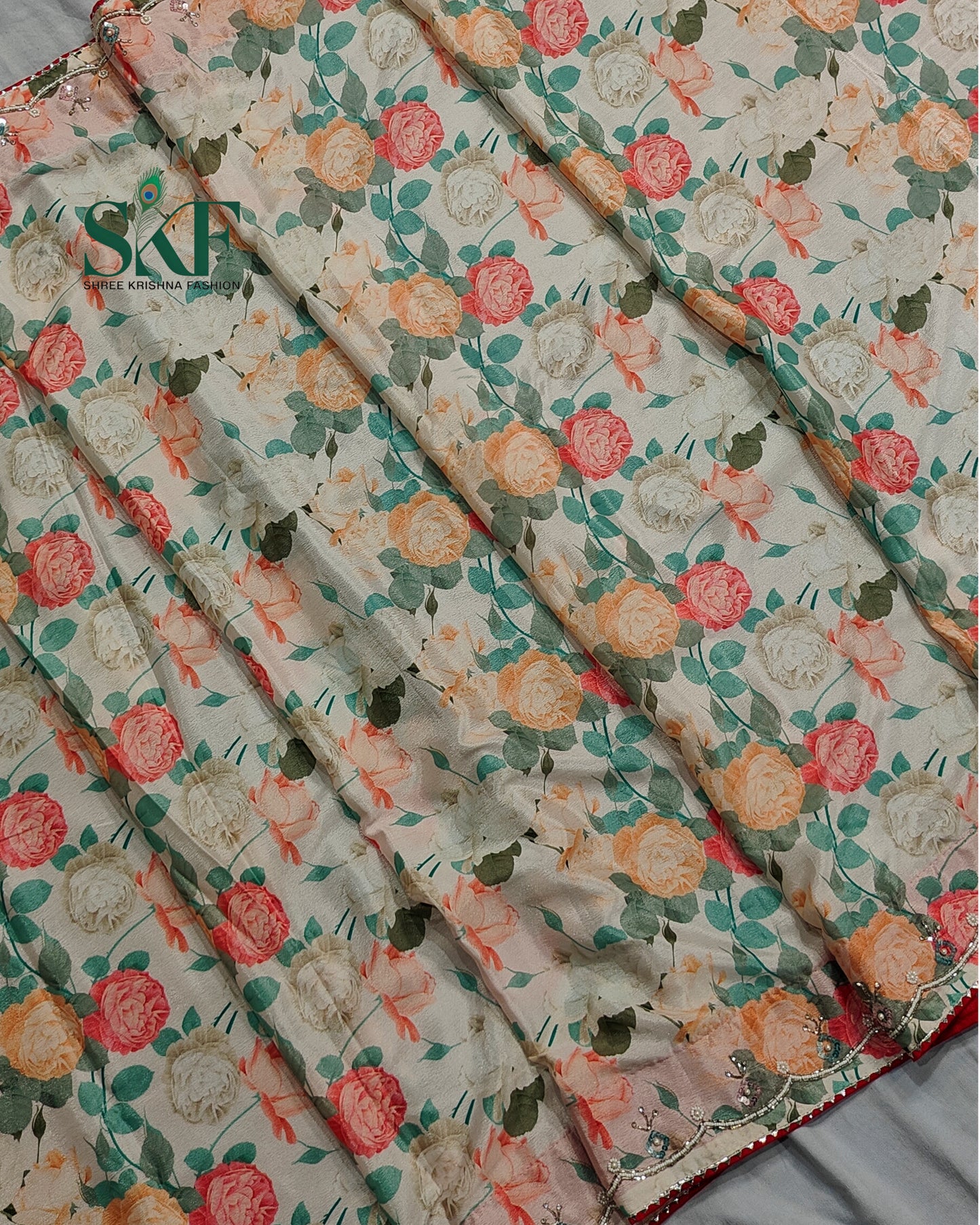 CHINON FLORAL DIGITAL PRINT HANDWORK CREAM SAREE BY SKFBHOLUBHAI