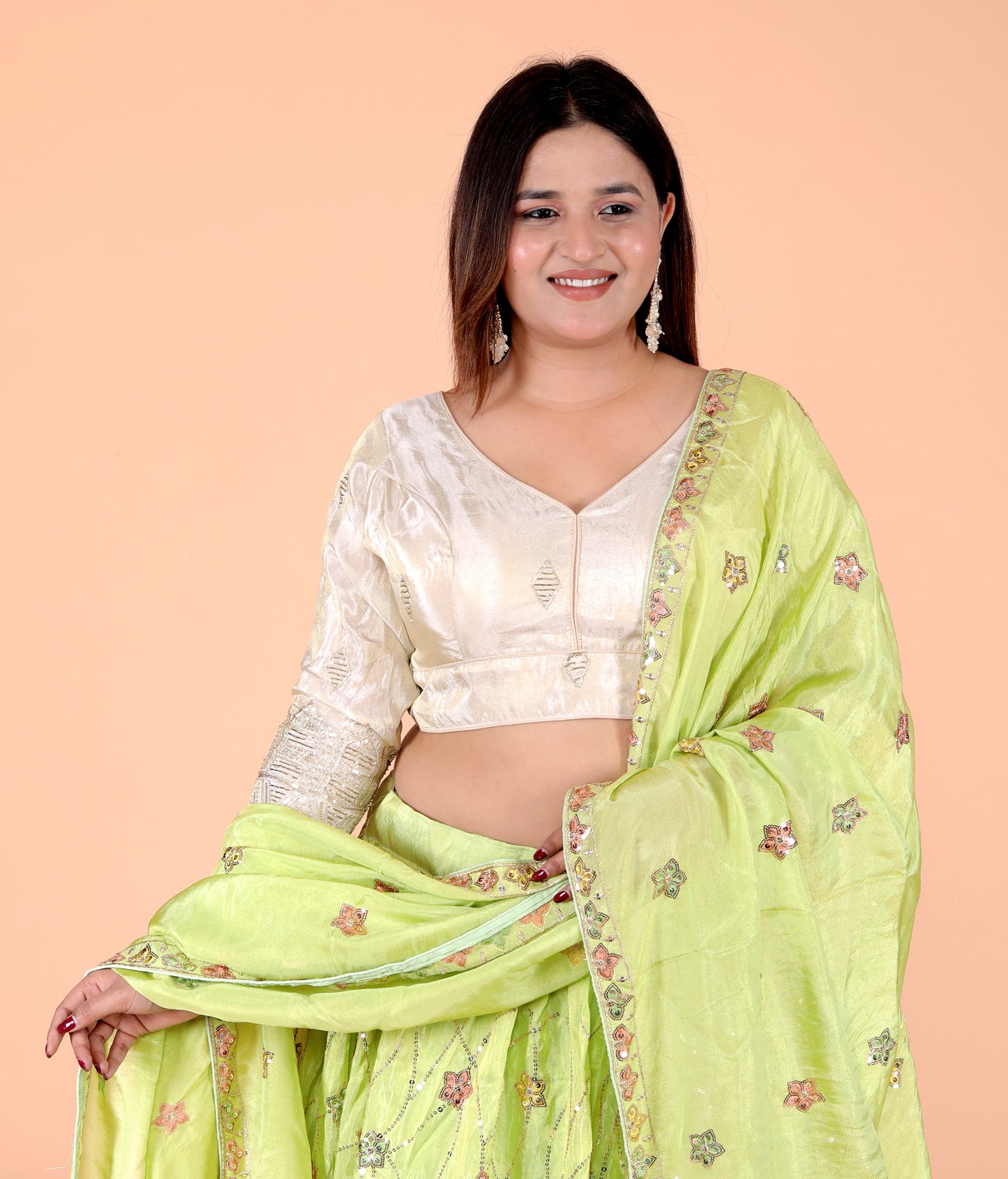 GLOSSY TISSUE HANDWORK 3/4 SLEEVES GOLDEN BEIDGE BLOUSE BY SKFBHOLUBHAI