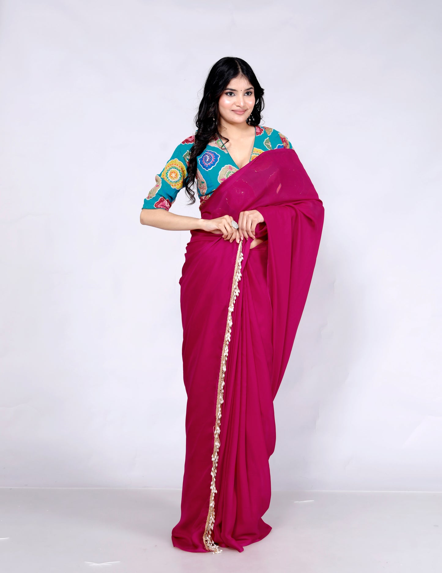 CREPE PLAIN TASSELS WORK RANI PINK SAREE BY SKFBHOLUBHAI