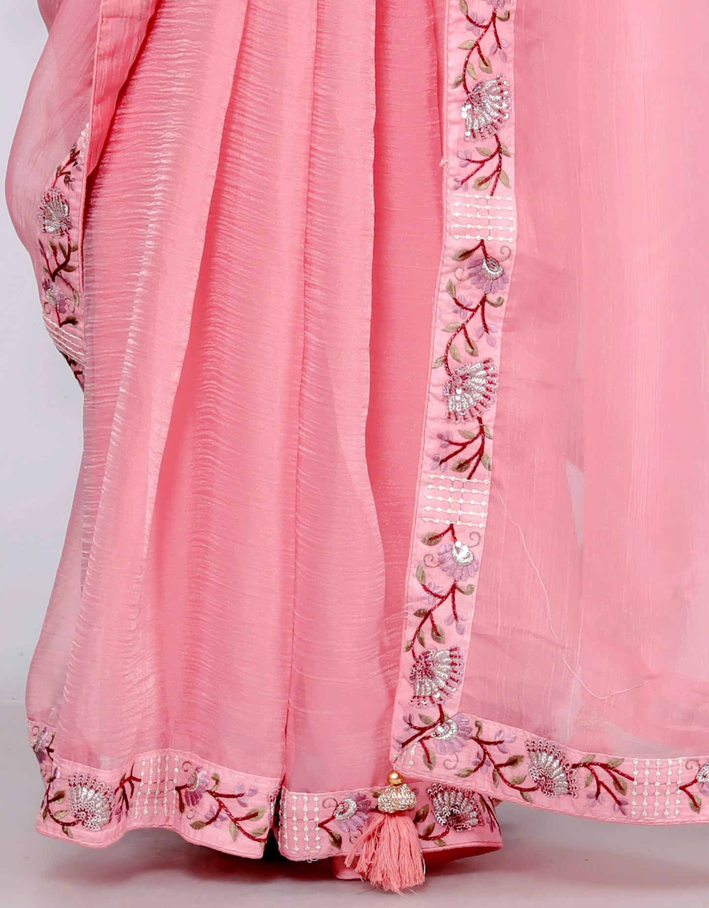 CHIFFON EMBROIDERY WORK JACKET STYLE PINK SAREE BY SKFBHOLUBHAI