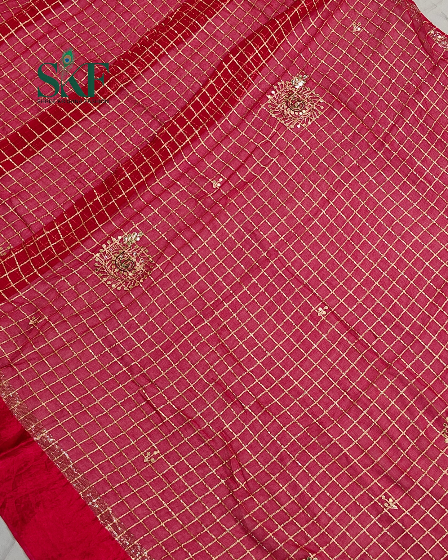 VISCOSS GEORGETTE AARI GOTTA CHEKERD SATIN BORDER WORK RANIPINK SAREE BY SKFBHOLUBHAI