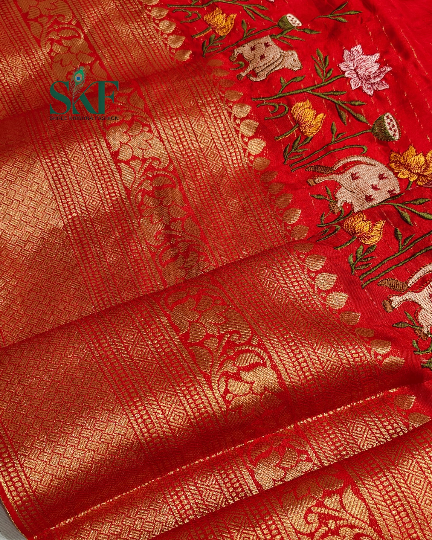 DOLA SILK MOTIF EMBROIDERY PANEL WEAVING BORDER WORK RED SAREE BY SKFBHOLUBHAI