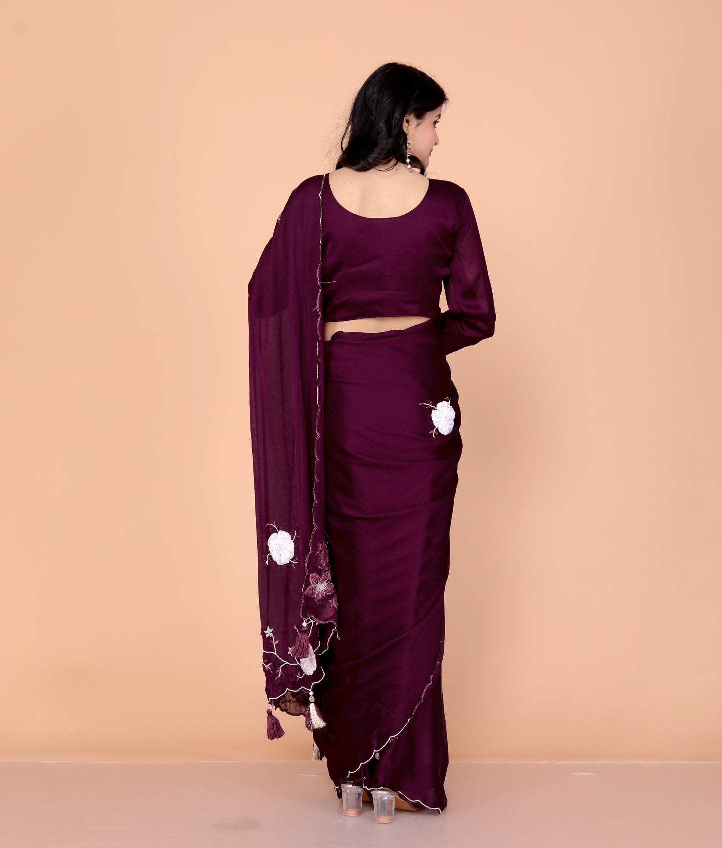 CHINON CREPE HAND BEADED WORK STICH BLOUSE WINE SAREE BY SKFBHOLUBHAI